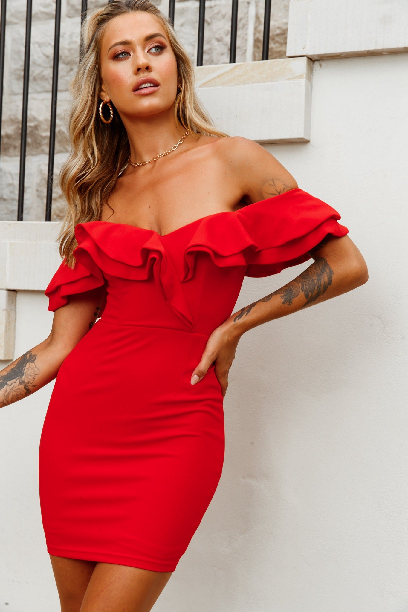 Rossi Off-Shoulder Double Ruffle Dress Red-Maymioy