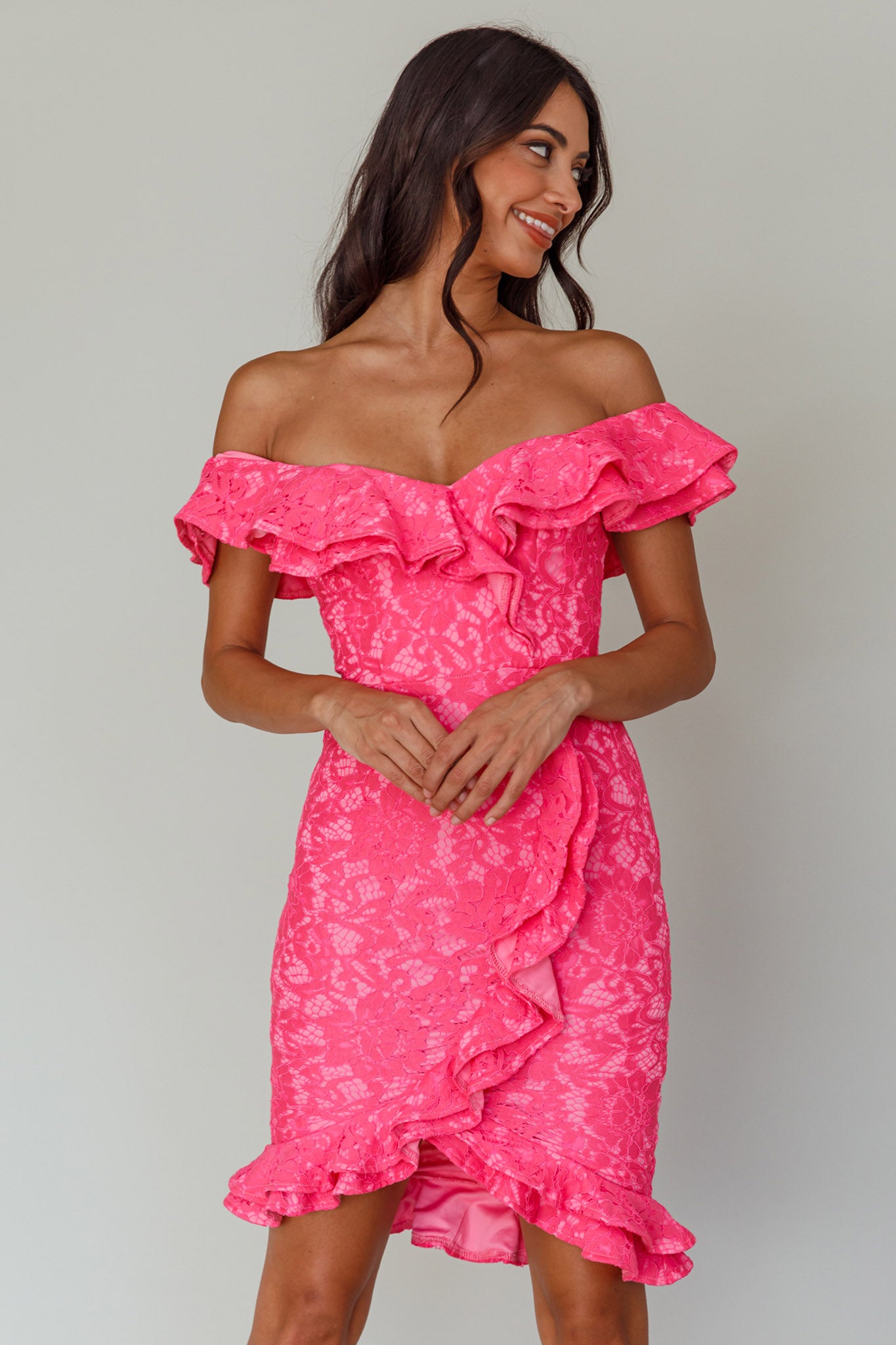 Rossi Off-Shoulder Double Ruffle Lace Dress Hot Pink-Maymioy