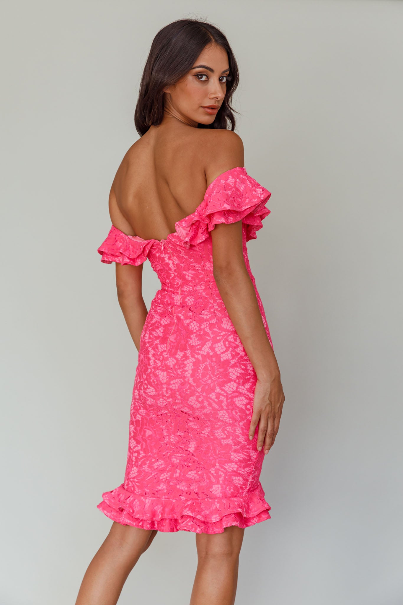 Rossi Off-Shoulder Double Ruffle Lace Dress Hot Pink-Maymioy
