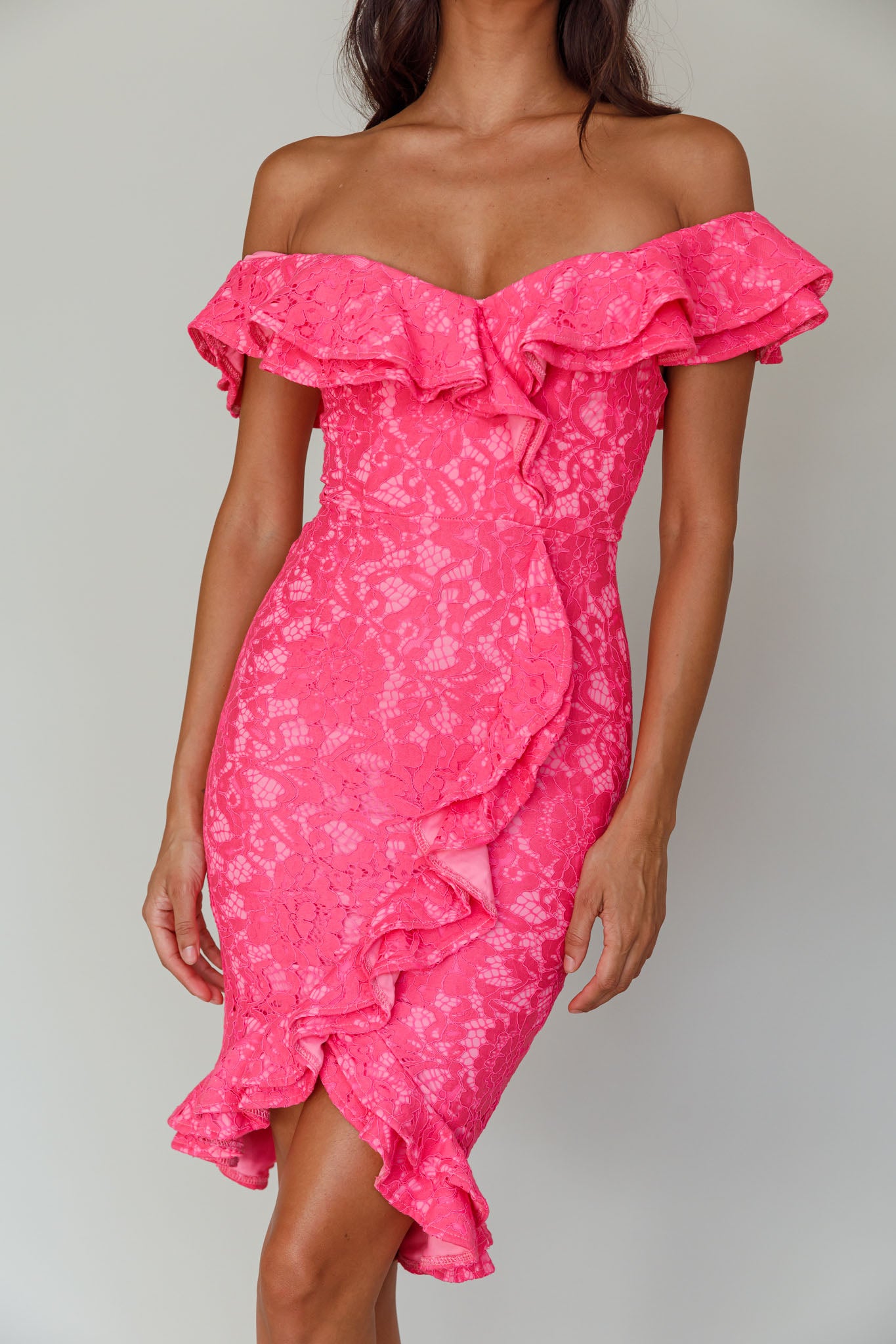 Rossi Off-Shoulder Double Ruffle Lace Dress Hot Pink-Maymioy