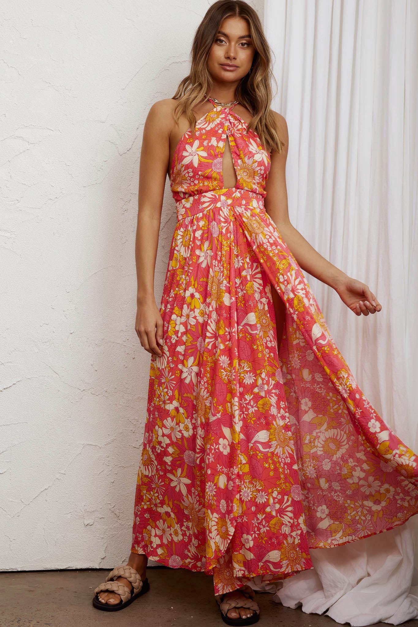 Athena High Split Maxi Dress Retro Floral Orange-Maymioy