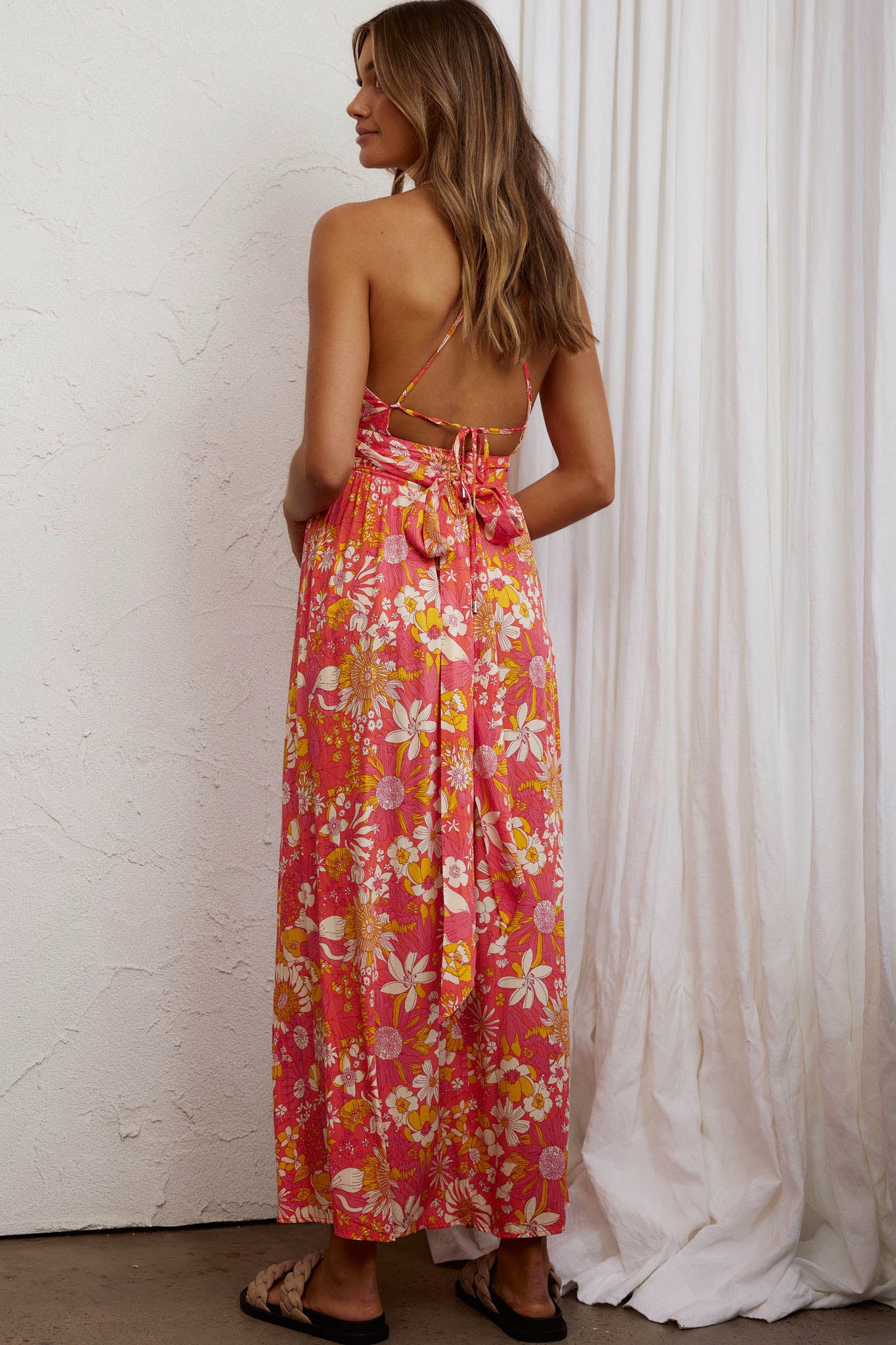 Athena High Split Maxi Dress Retro Floral Orange-Maymioy