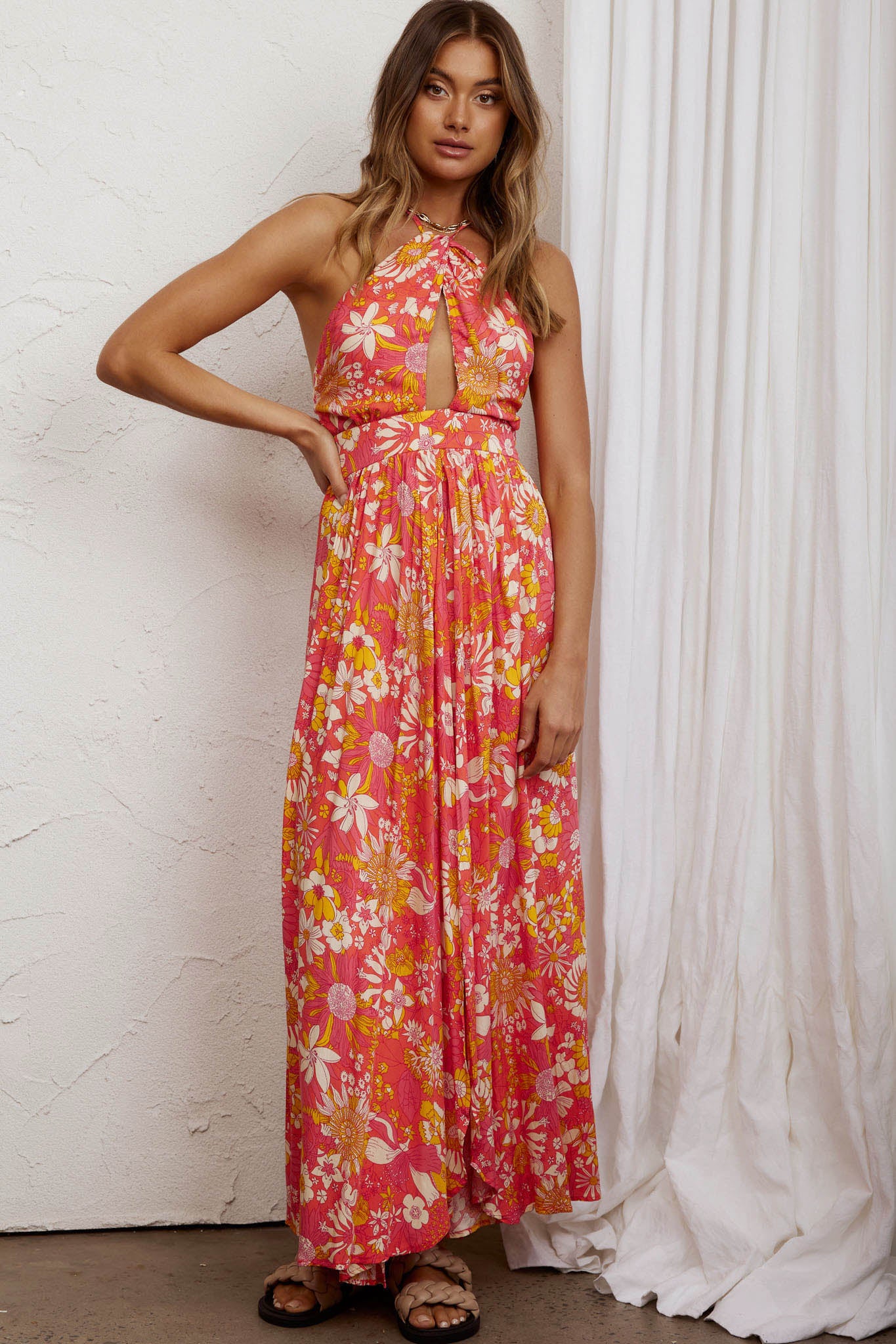 Athena High Split Maxi Dress Retro Floral Orange-Maymioy