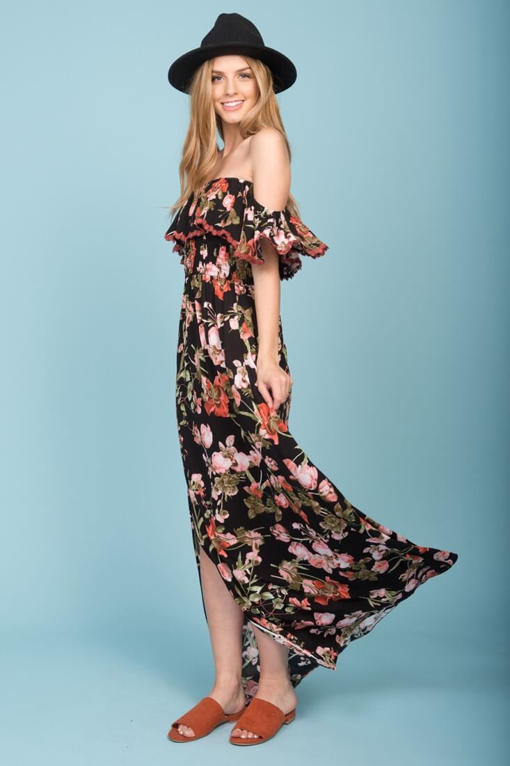 Tuscany Off The Shoulder Maxi Dress Black & Red-Maymioy