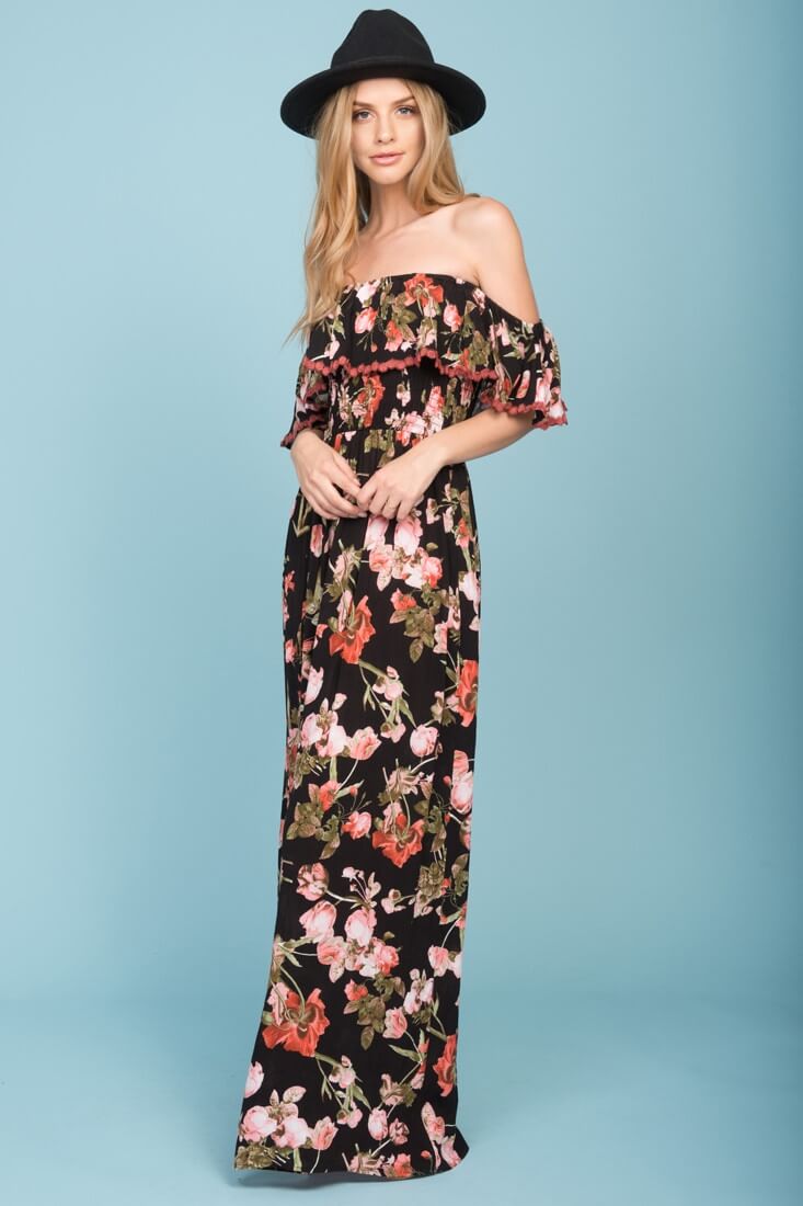 Tuscany Off The Shoulder Maxi Dress Black & Red-Maymioy