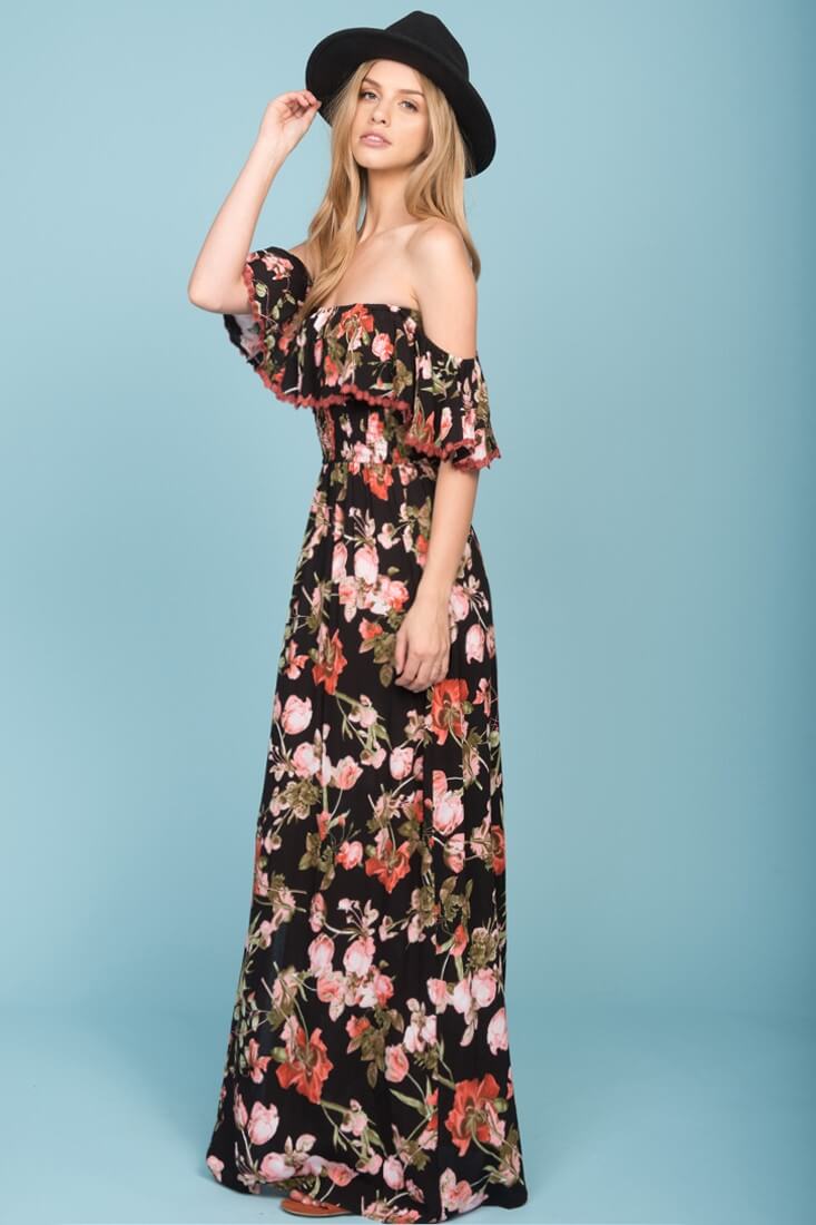 Tuscany Off The Shoulder Maxi Dress Black & Red-Maymioy