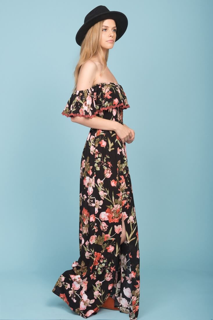 Tuscany Off The Shoulder Maxi Dress Black & Red-Maymioy