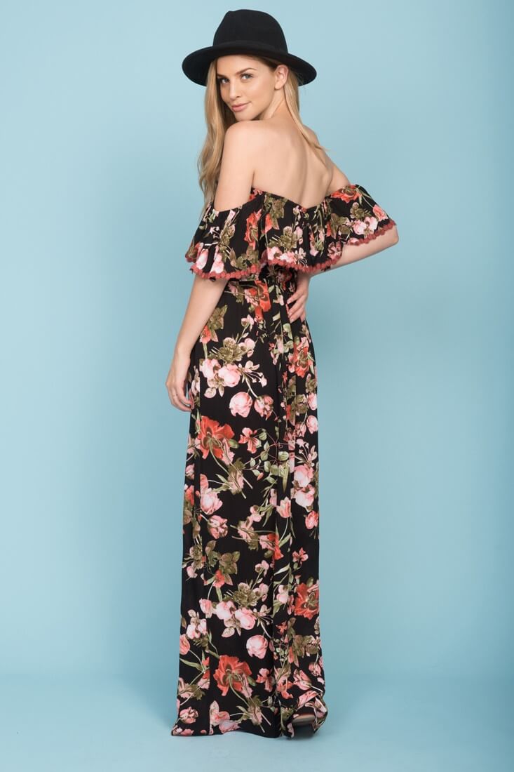Tuscany Off The Shoulder Maxi Dress Black & Red-Maymioy