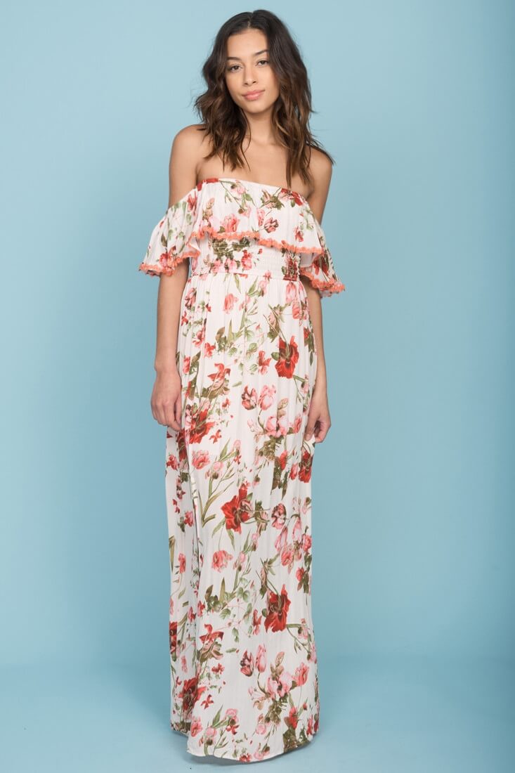 Tuscany Off The Shoulder Maxi Dress White & Red-Maymioy