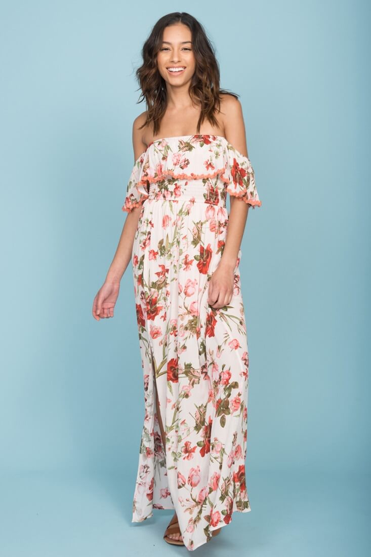 Tuscany Off The Shoulder Maxi Dress White & Red-Maymioy