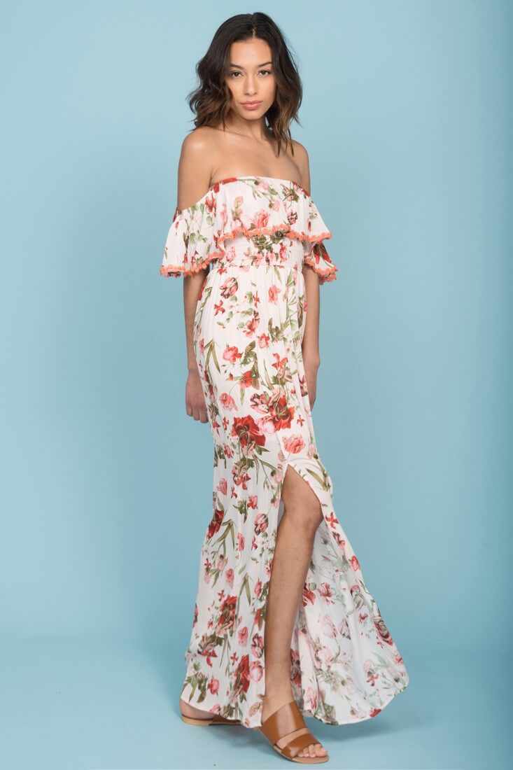 Tuscany Off The Shoulder Maxi Dress White & Red-Maymioy