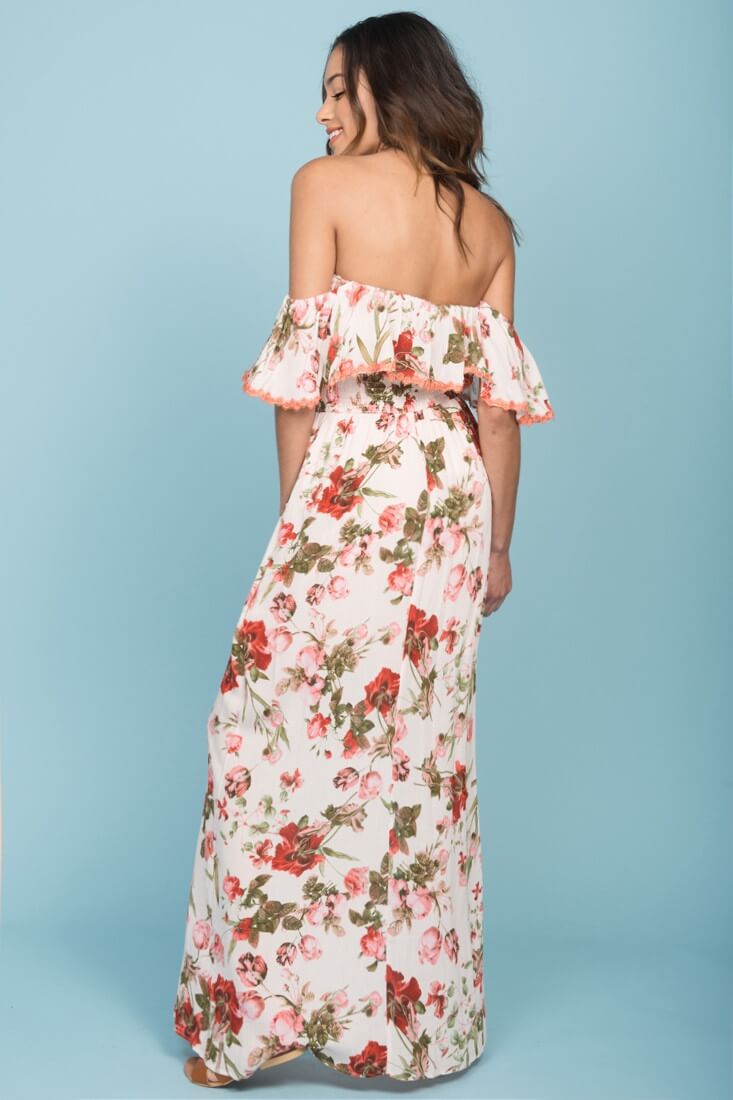 Tuscany Off The Shoulder Maxi Dress White & Red-Maymioy