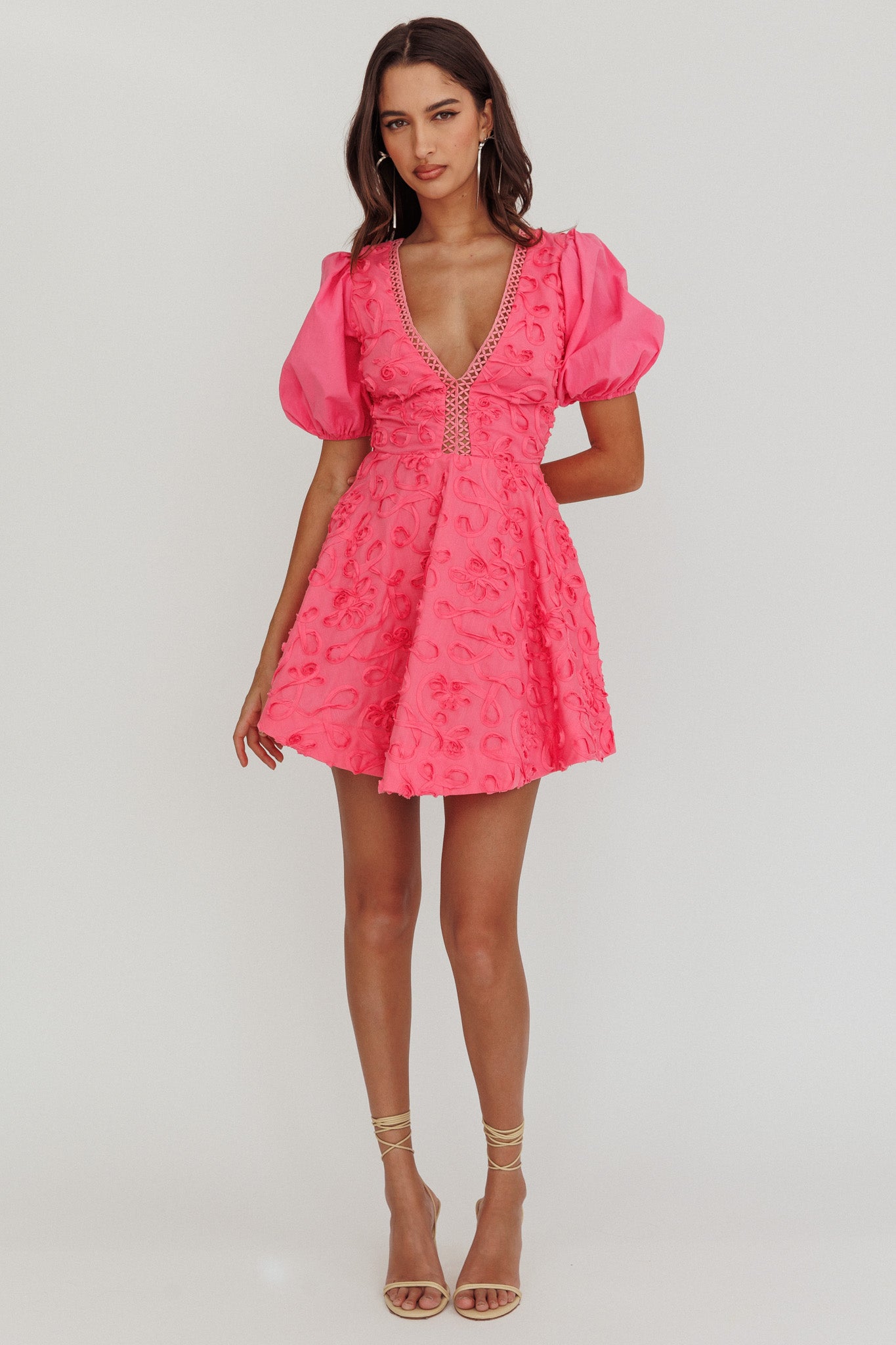 Samsara Puff Sleeve Mini Dress Hot Pink-Maymioy