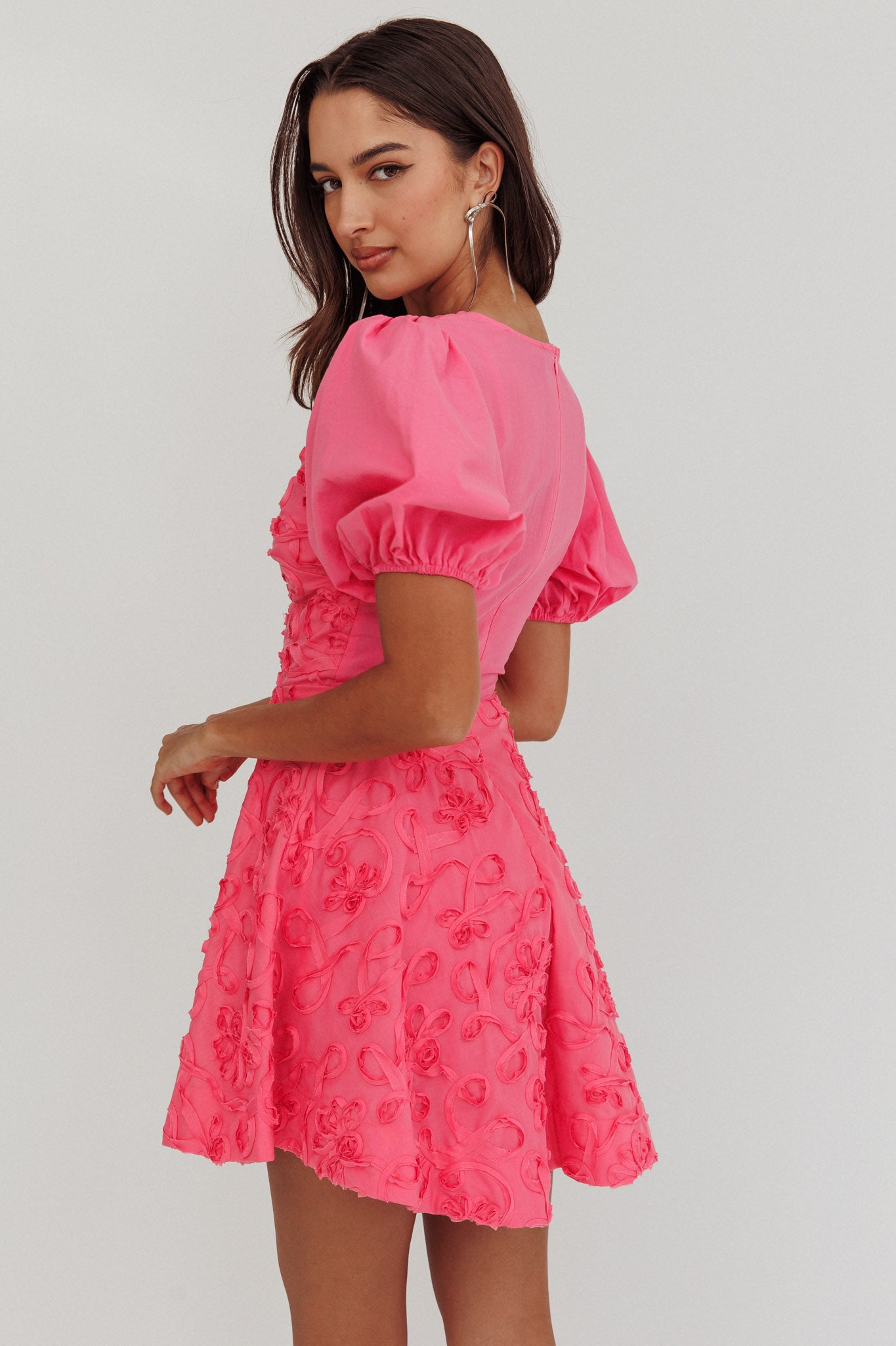 Samsara Puff Sleeve Mini Dress Hot Pink-Maymioy