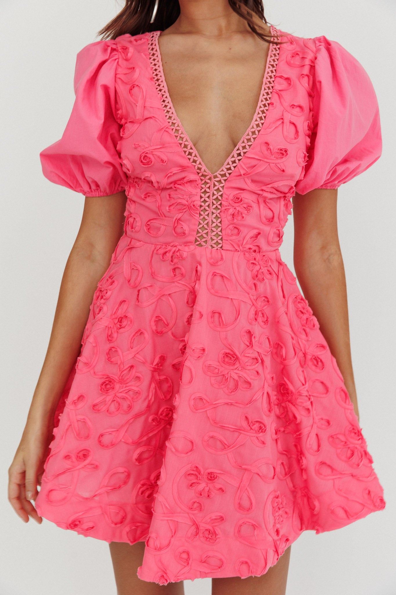 Samsara Puff Sleeve Mini Dress Hot Pink-Maymioy
