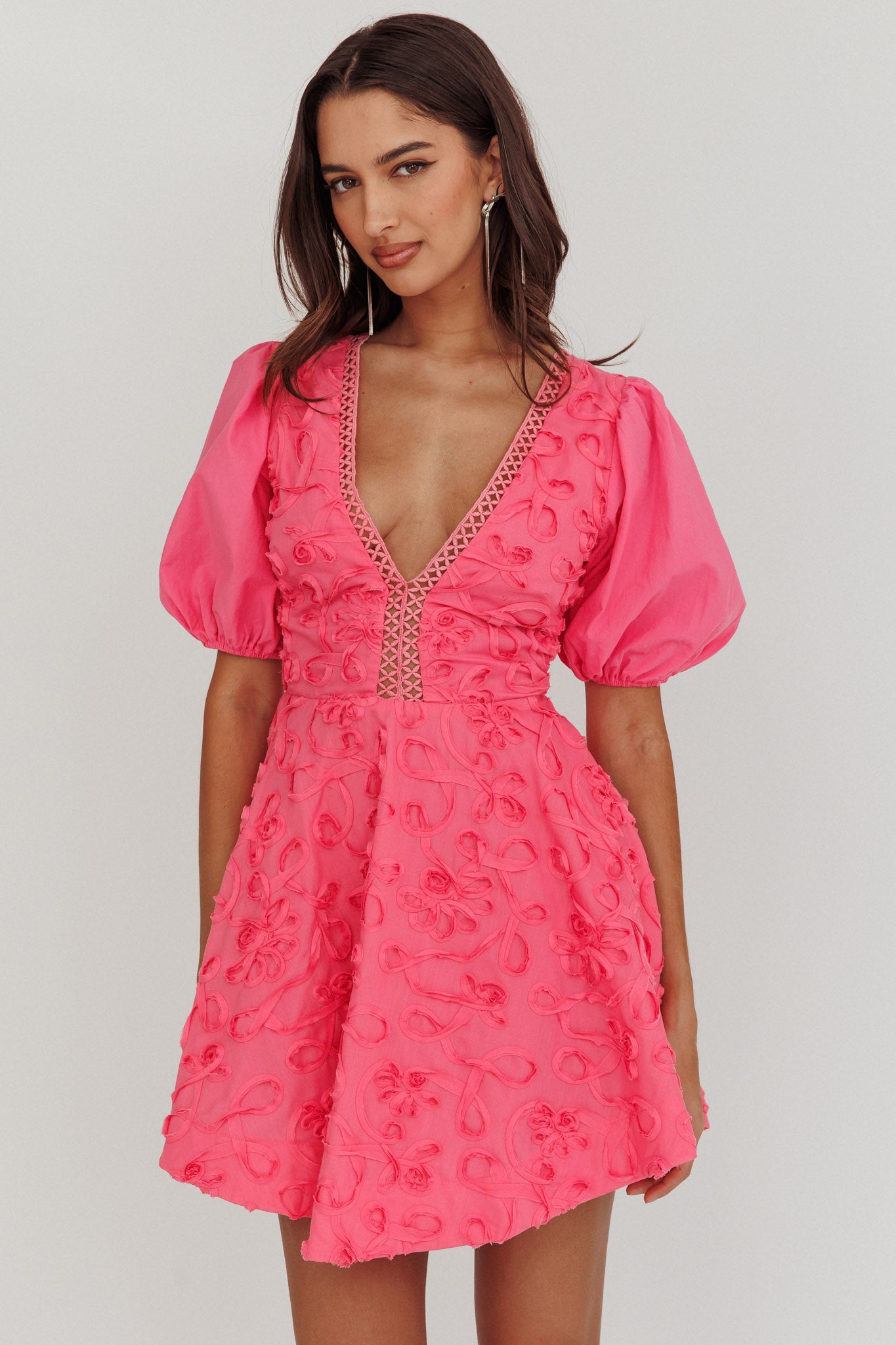 Samsara Puff Sleeve Mini Dress Hot Pink-Maymioy