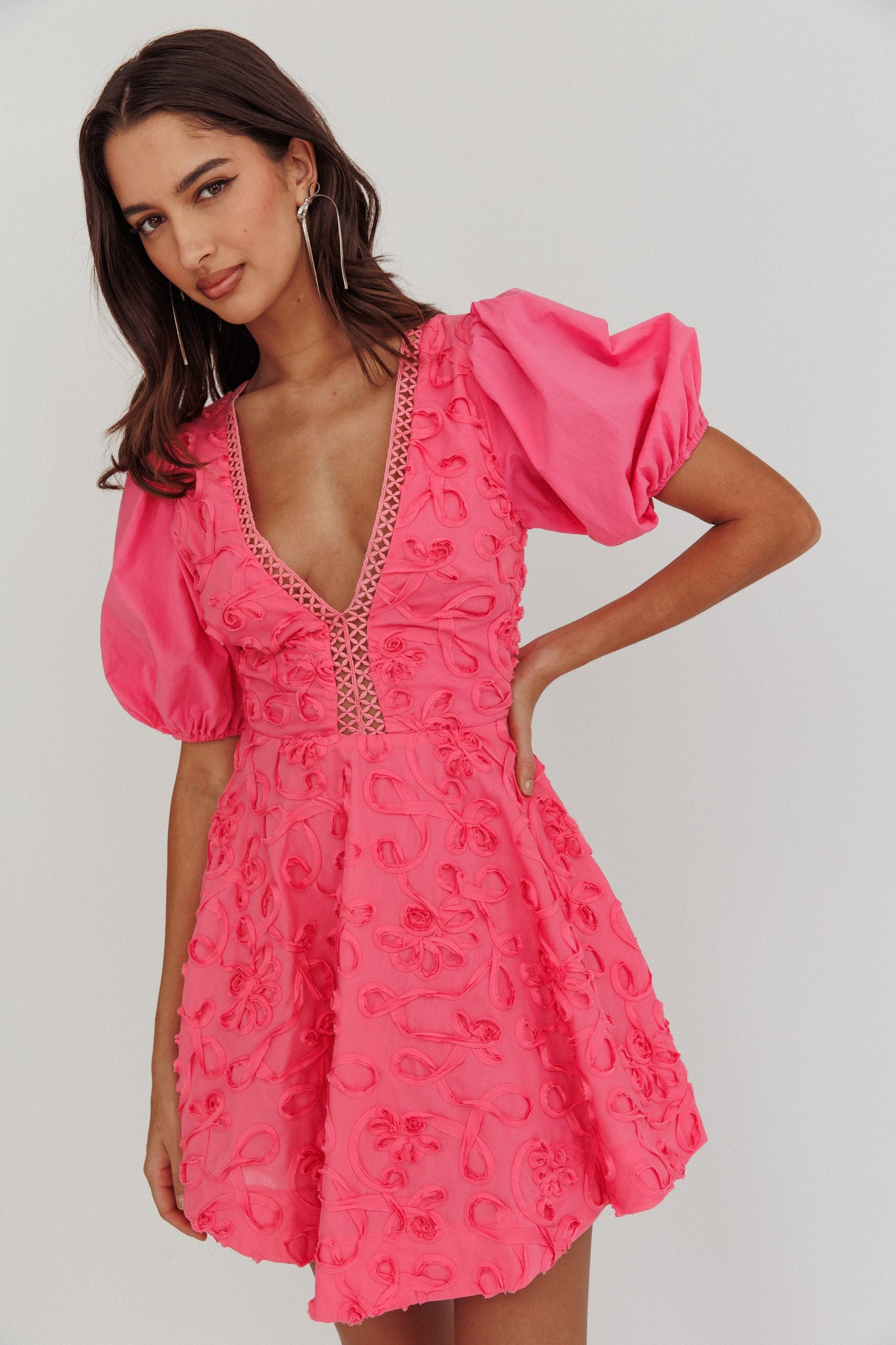 Samsara Puff Sleeve Mini Dress Hot Pink-Maymioy