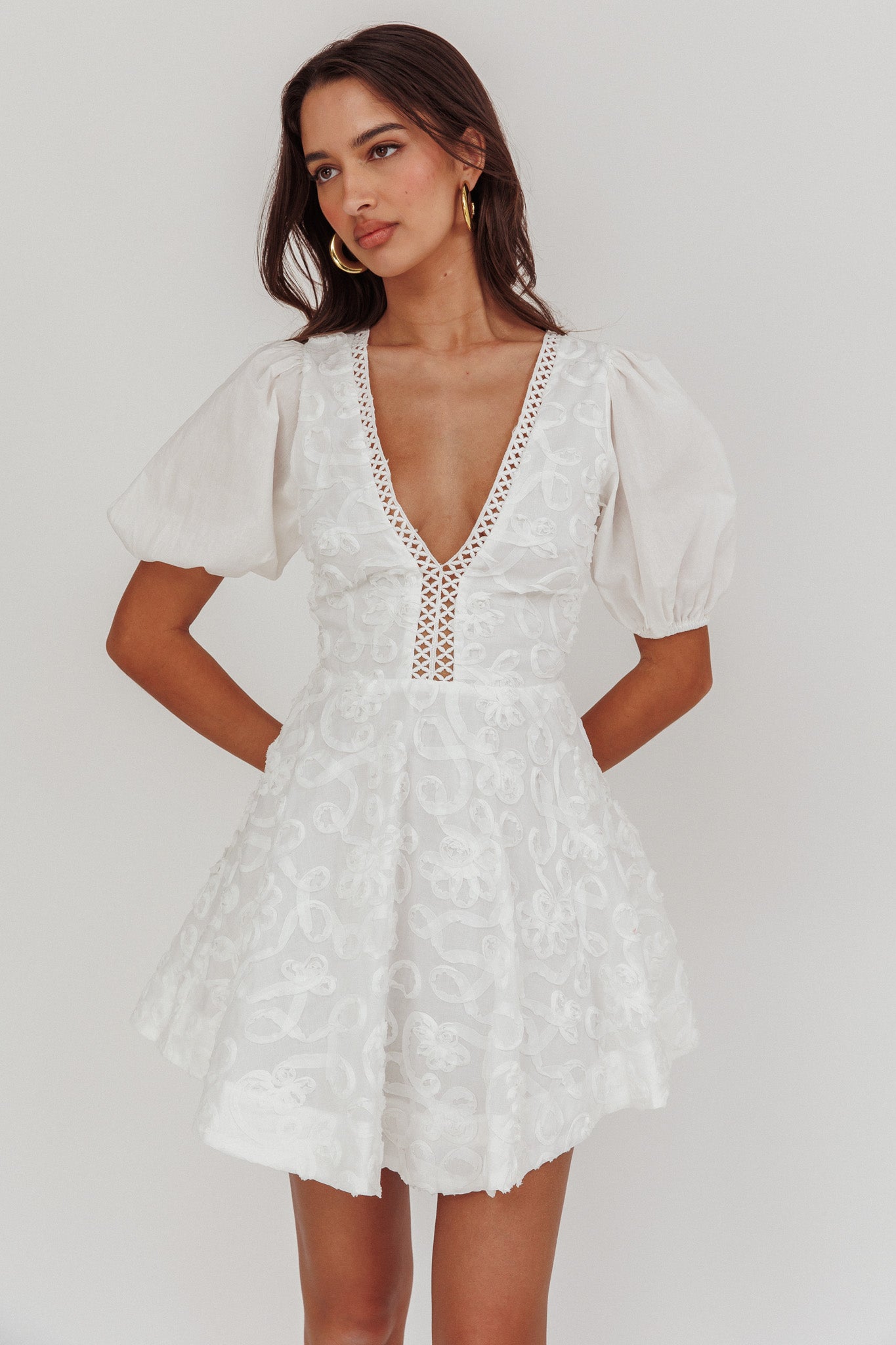 Samsara Puff Sleeve Mini Dress White-Maymioy