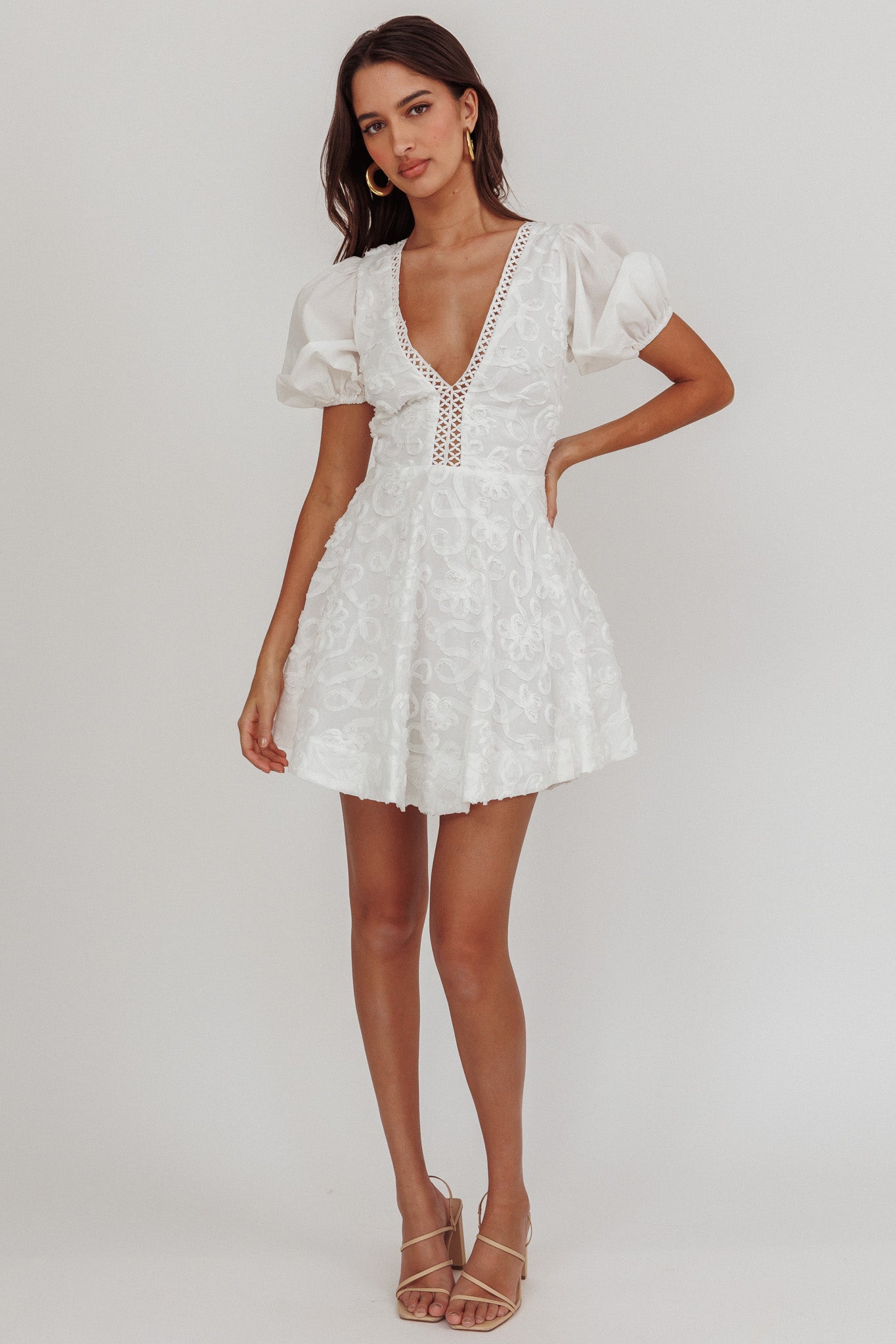Samsara Puff Sleeve Mini Dress White-Maymioy