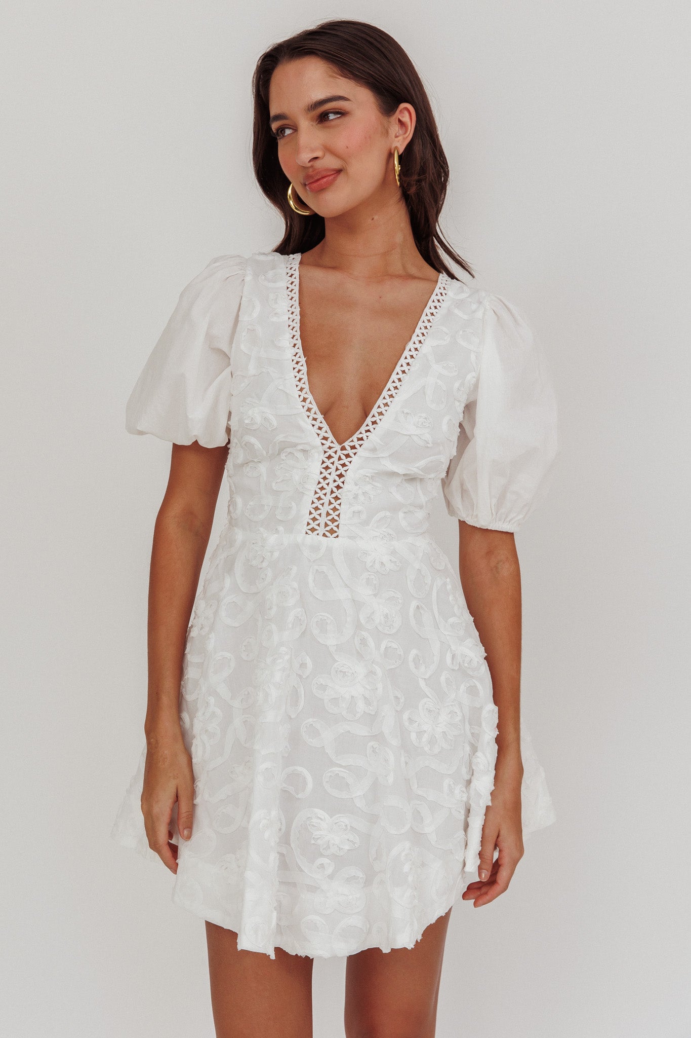 Samsara Puff Sleeve Mini Dress White-Maymioy