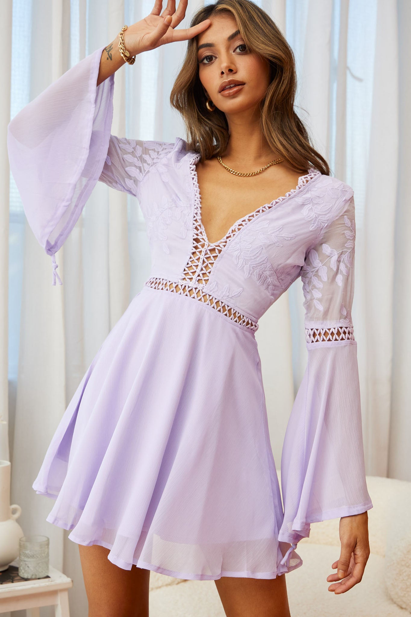 Carson Long Sleeve Crochet Embroidery Detail Dress Lilac-Maymioy