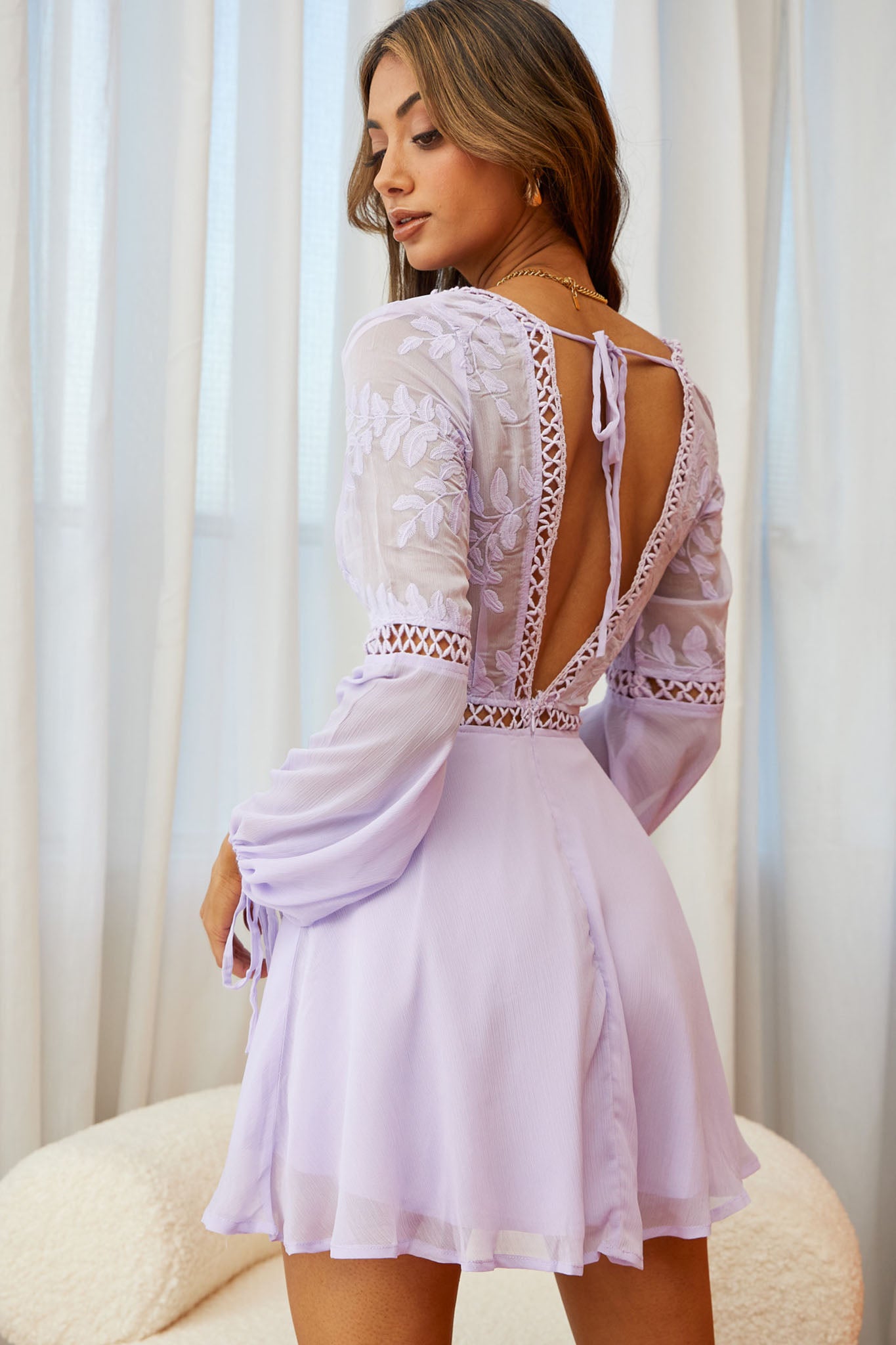 Carson Long Sleeve Crochet Embroidery Detail Dress Lilac-Maymioy