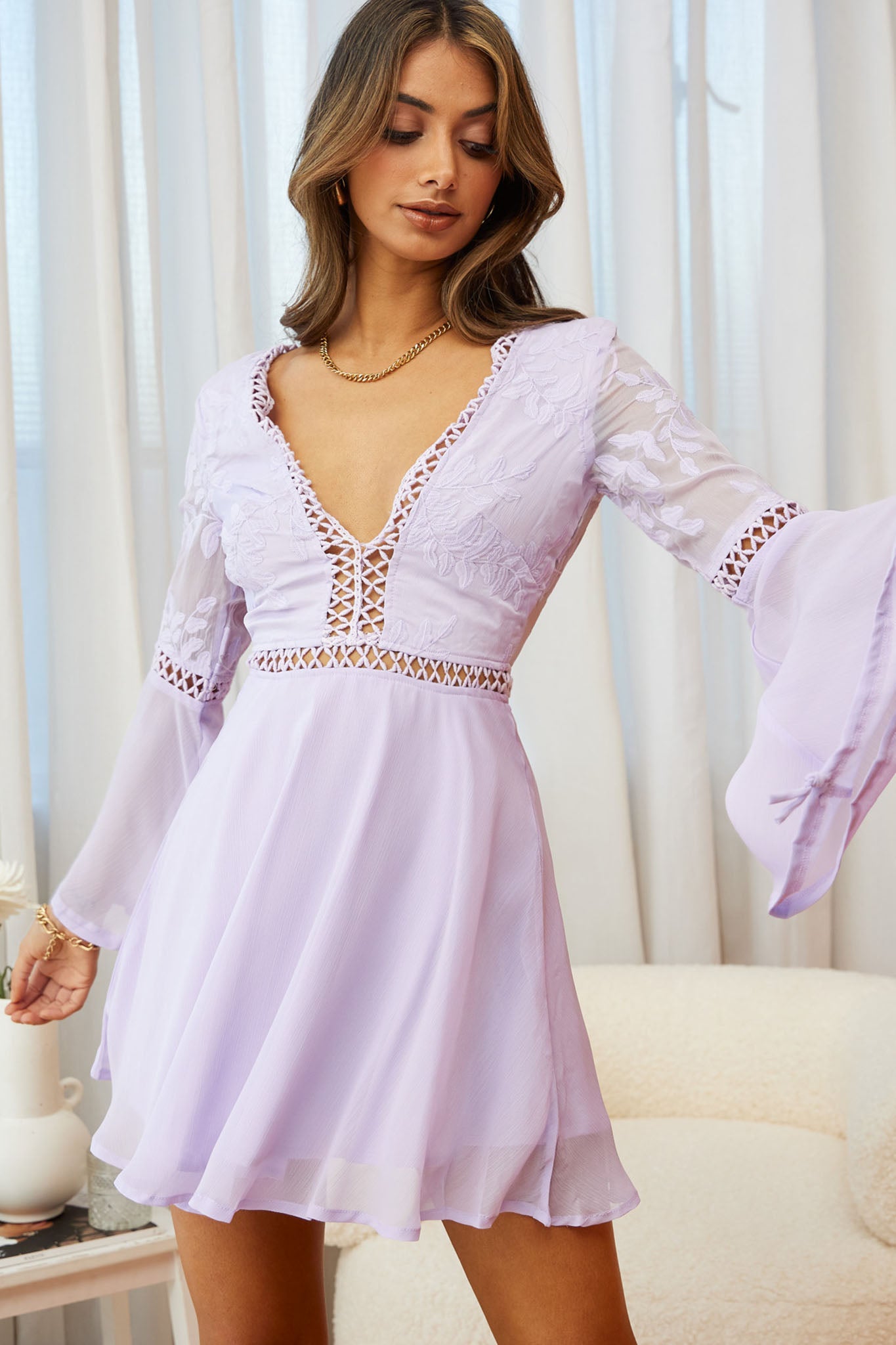 Carson Long Sleeve Crochet Embroidery Detail Dress Lilac-Maymioy
