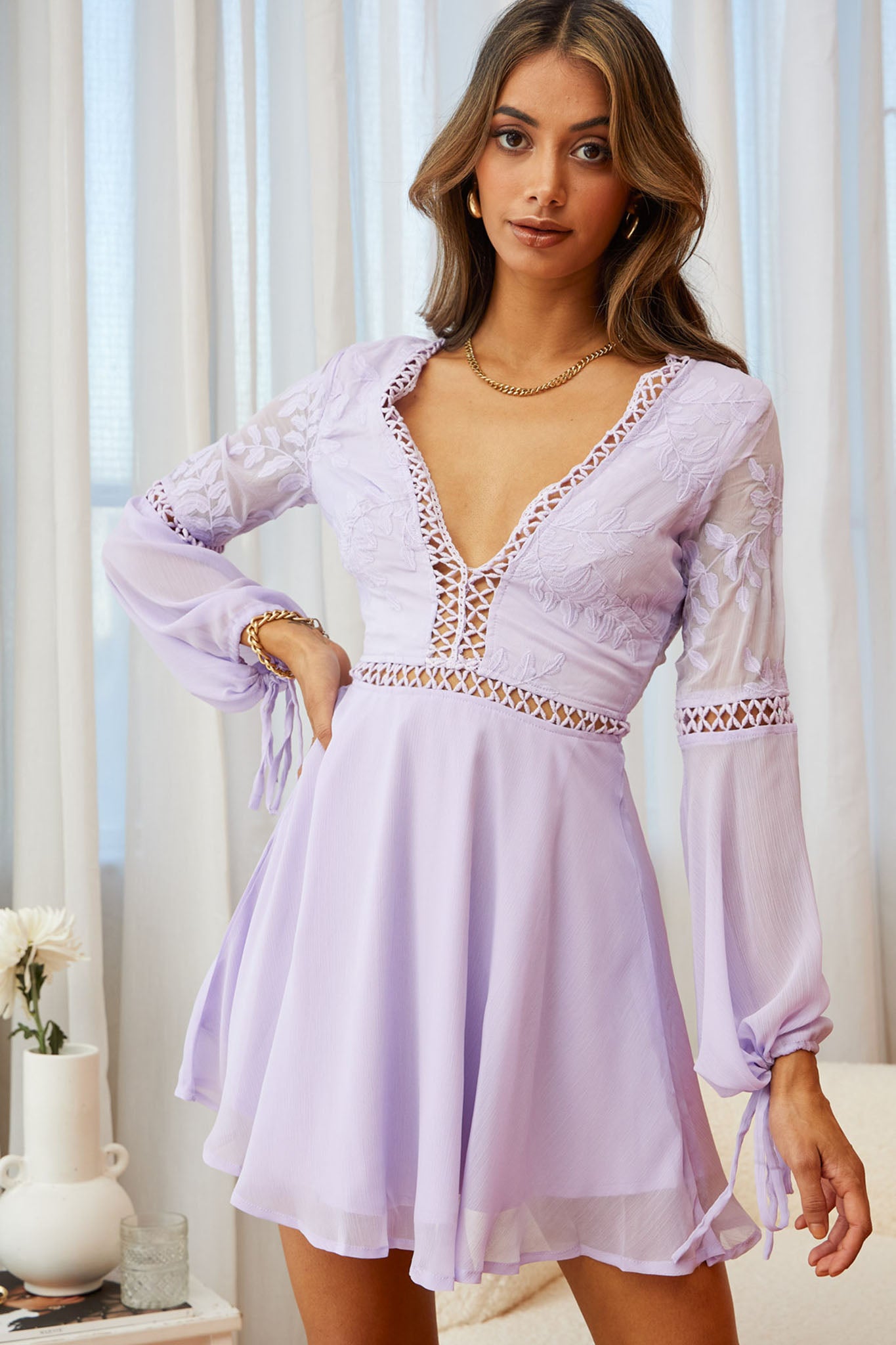 Carson Long Sleeve Crochet Embroidery Detail Dress Lilac-Maymioy