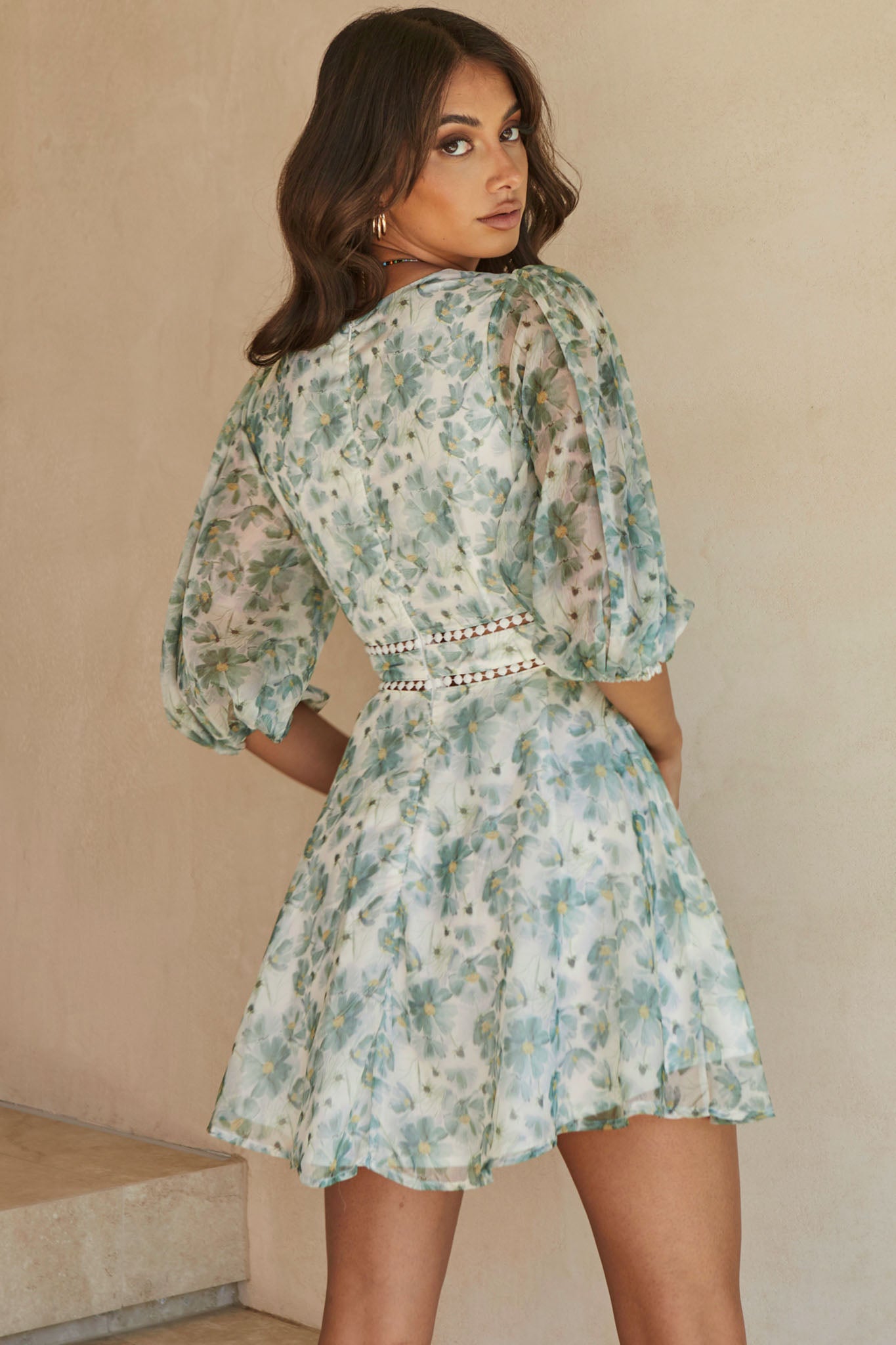 Carson Balloon Sleeve Crochet Trim Detail Dress Floral Print Green-Maymioy