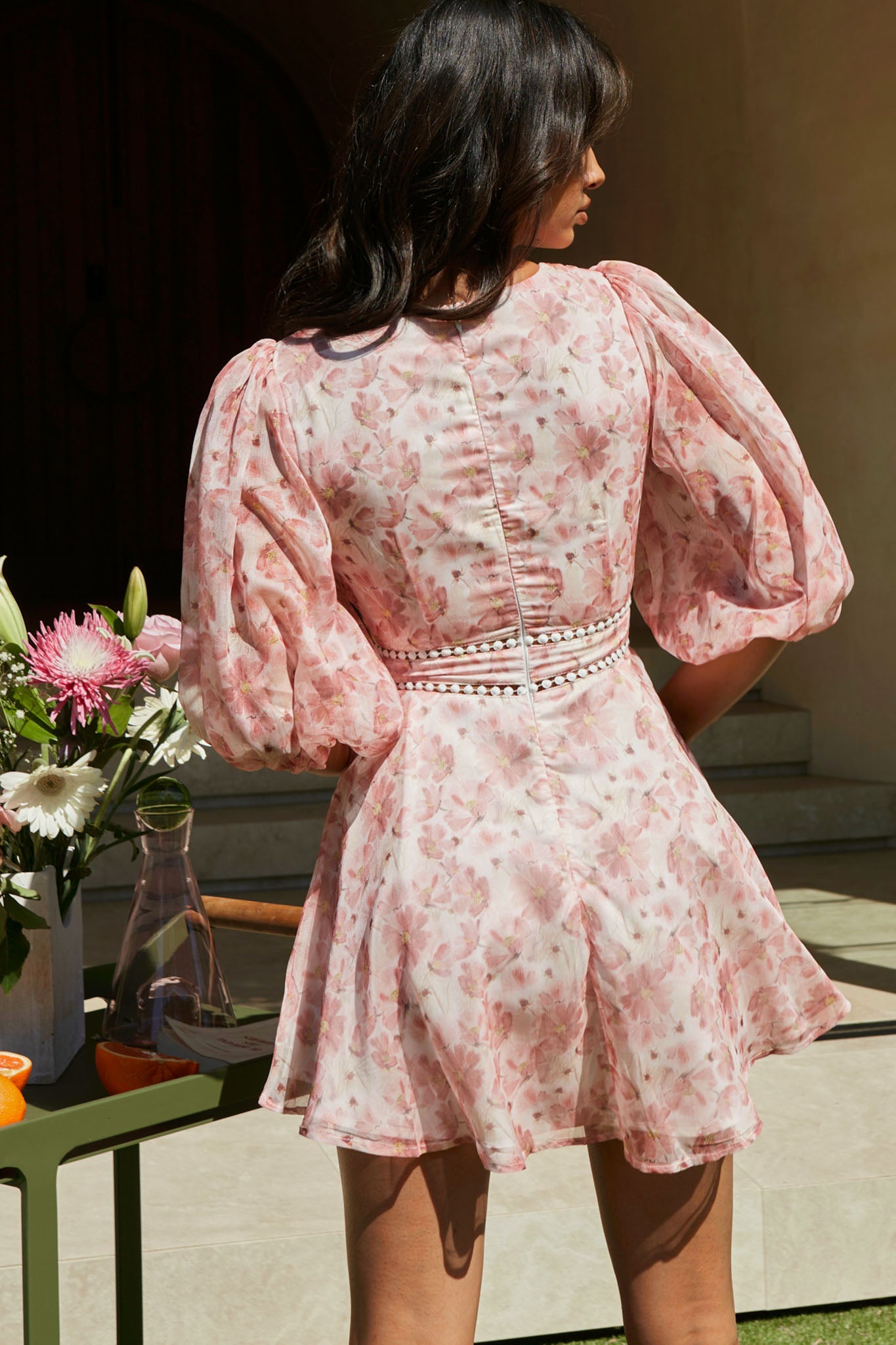 Carson Balloon Sleeve Crochet Trim Detail Dress Floral Print Pink-Maymioy