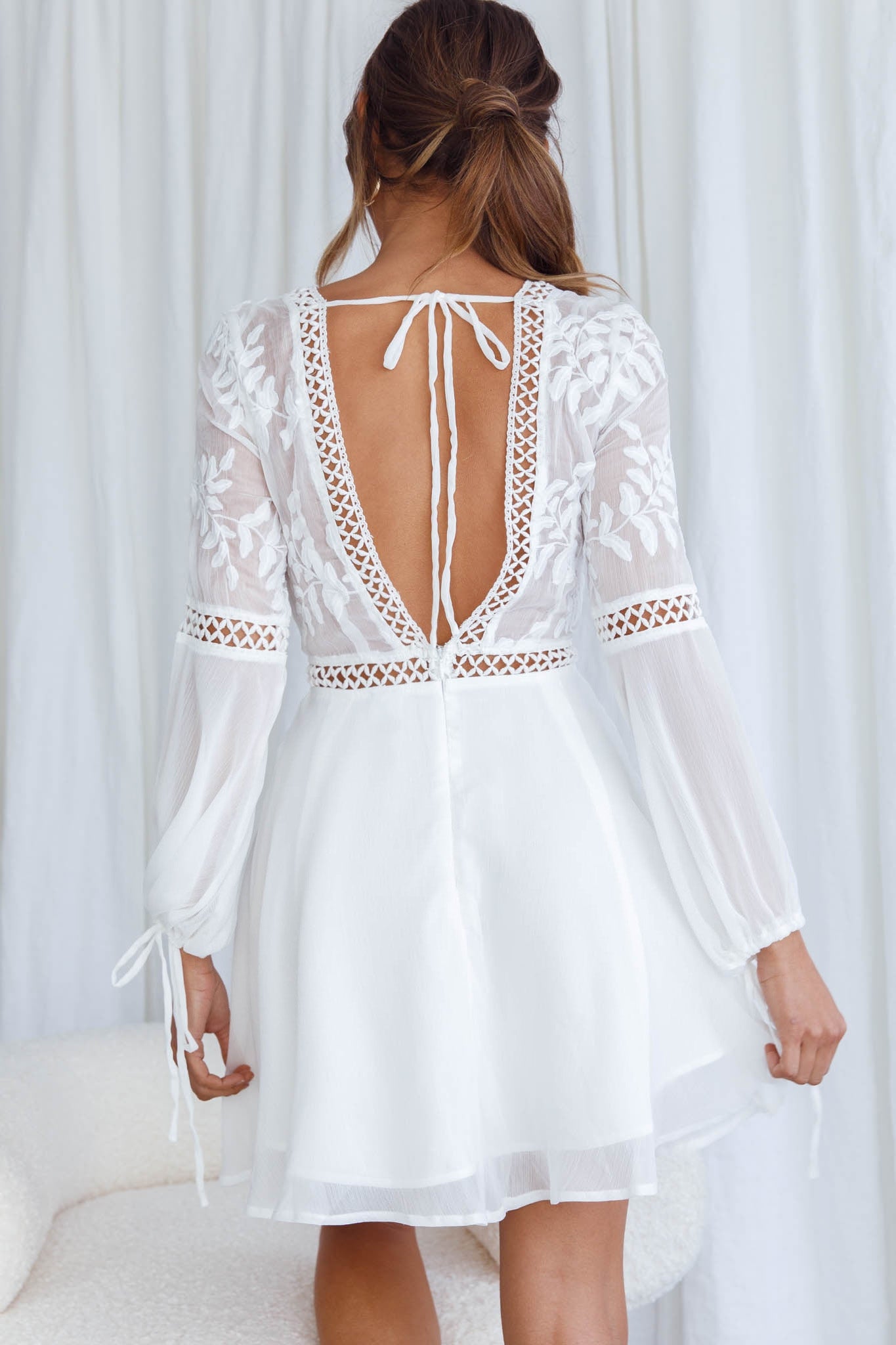 Carson Crochet Bell Sleeve Dress White-Maymioy
