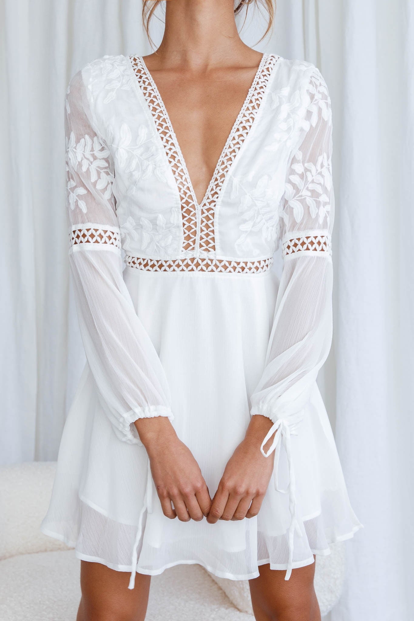 Carson Crochet Bell Sleeve Dress White-Maymioy