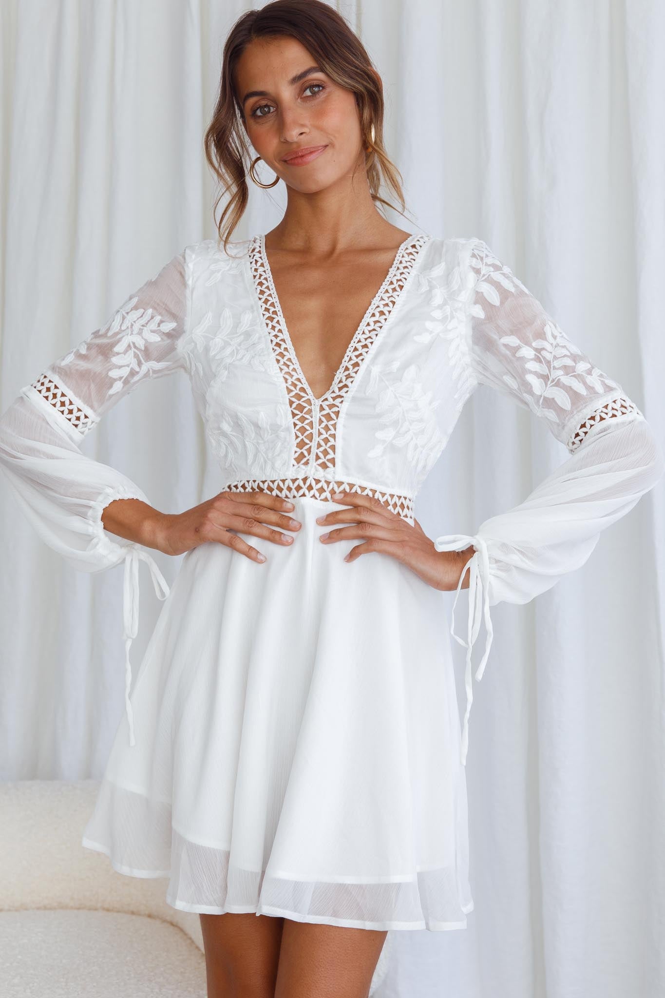 Carson Crochet Bell Sleeve Dress White-Maymioy
