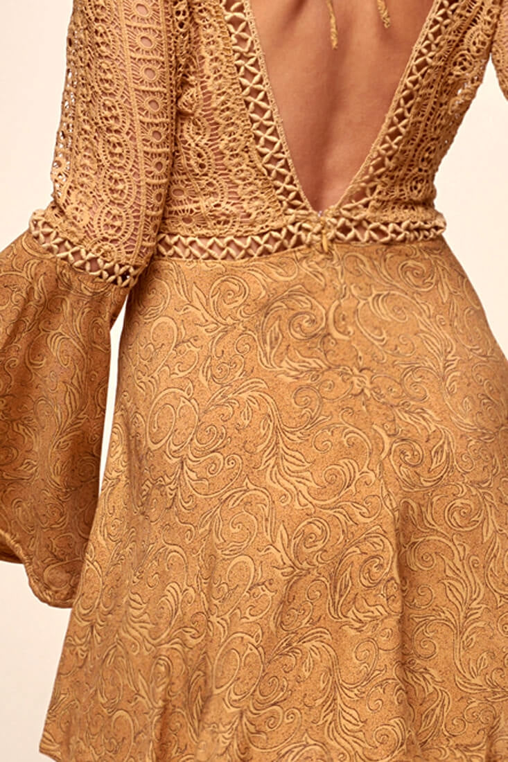 Carson Crochet Bell Sleeve Dress Tan-Maymioy