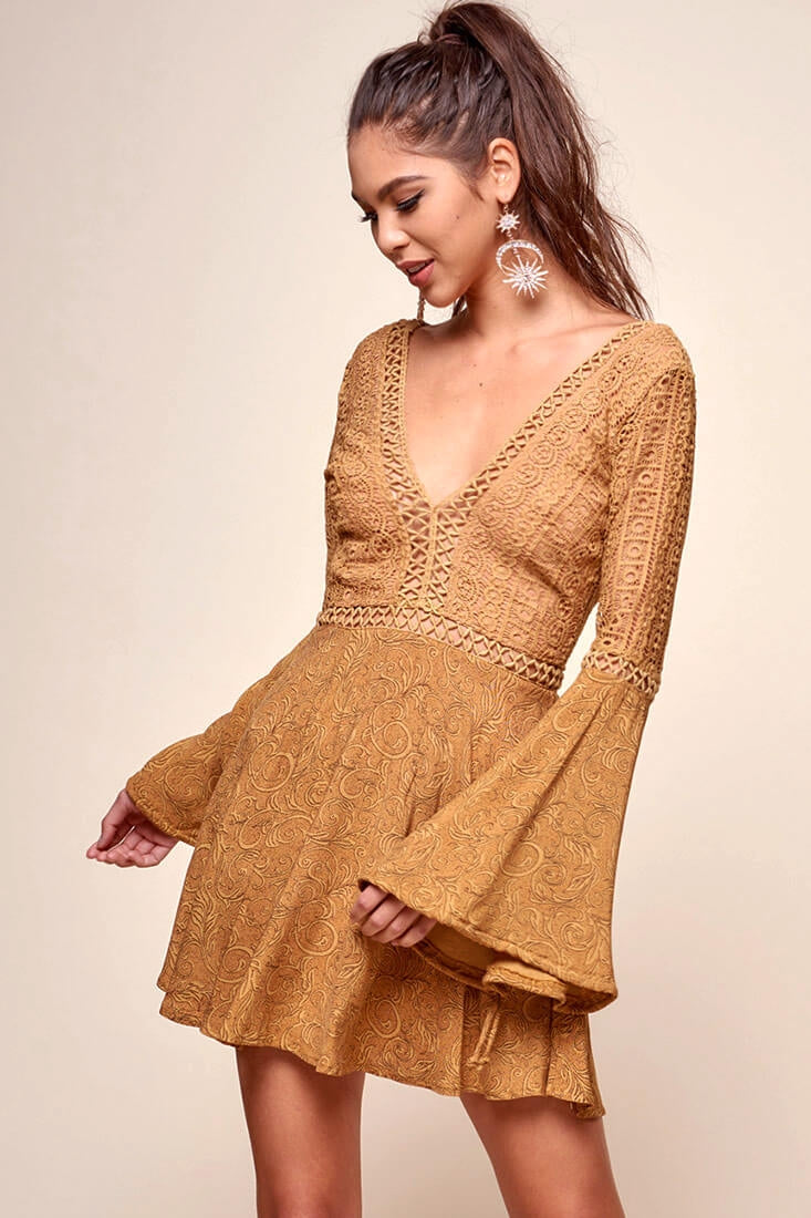 Carson Crochet Bell Sleeve Dress Tan-Maymioy