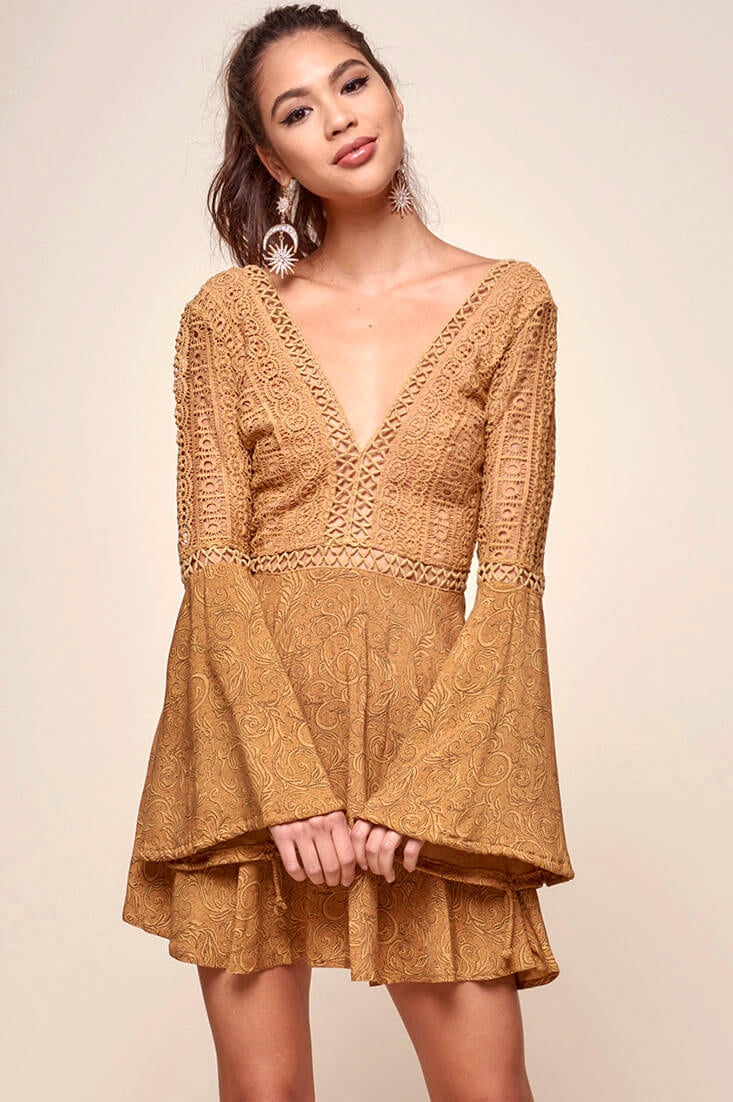 Carson Crochet Bell Sleeve Dress Tan-Maymioy