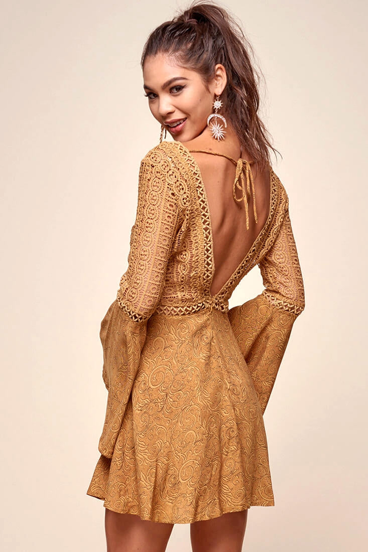 Carson Crochet Bell Sleeve Dress Tan-Maymioy