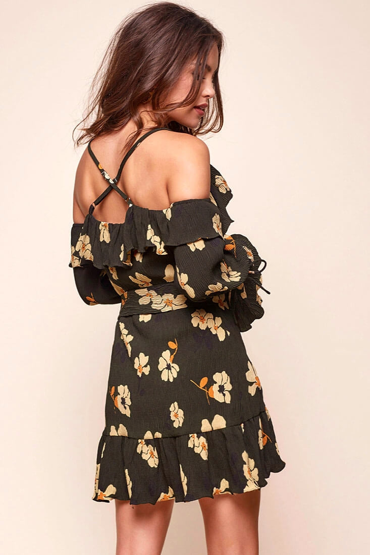 Carly Off the Shoulder Floral Wrap Dress Green-Maymioy