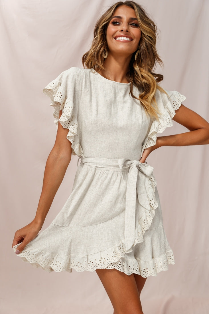 Taya Ruffle Shoulder Waist Tie Dress Beige-Maymioy