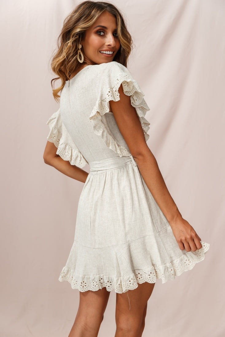 Taya Ruffle Shoulder Waist Tie Dress Beige-Maymioy