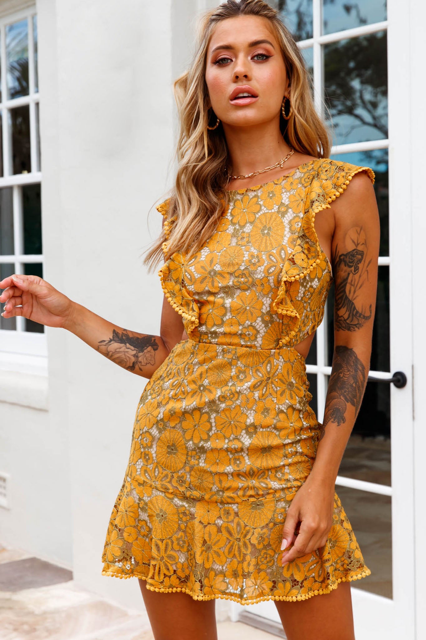 Jackie Pinafore Floral Lace Dress Mustard/Olive-Maymioy