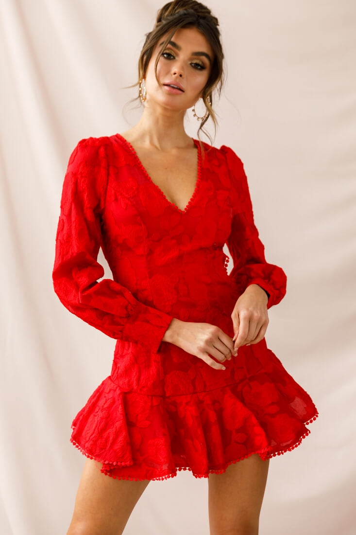 Camellia Open Back Cuff Sleeve Dress Red-Maymioy