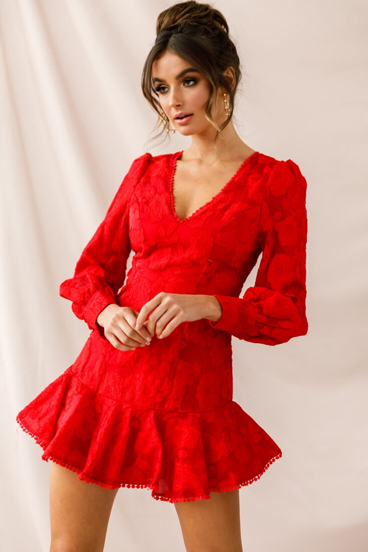 Camellia Open Back Cuff Sleeve Dress Red-Maymioy