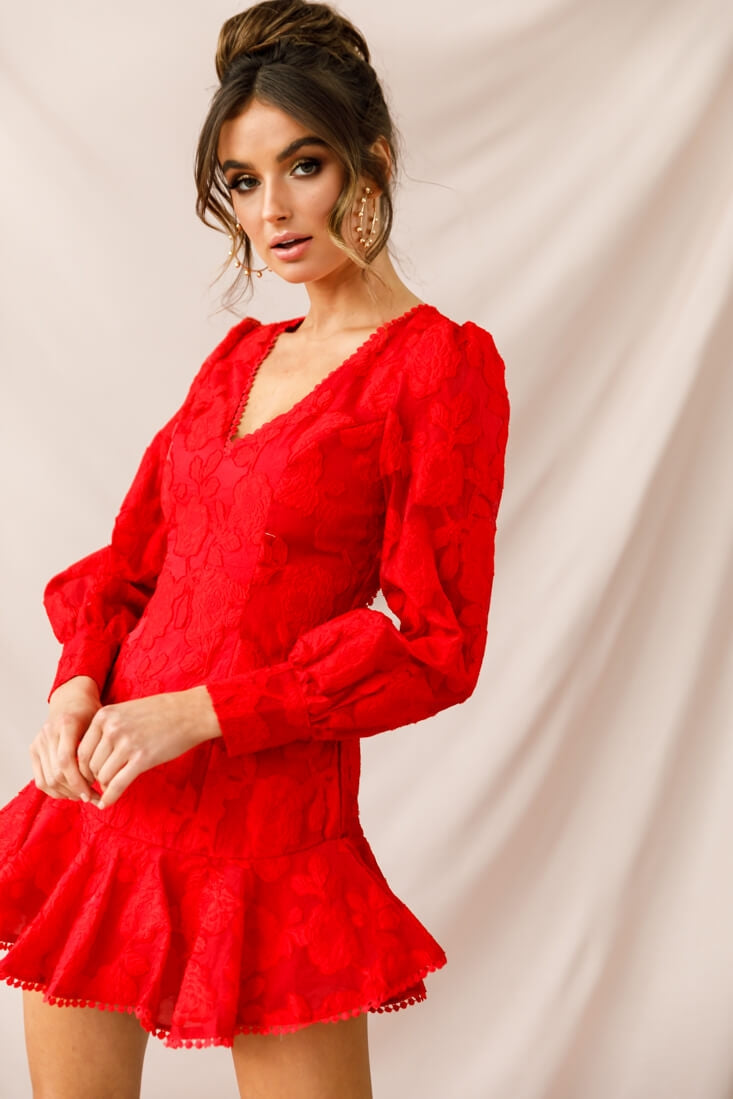 Camellia Open Back Cuff Sleeve Dress Red-Maymioy