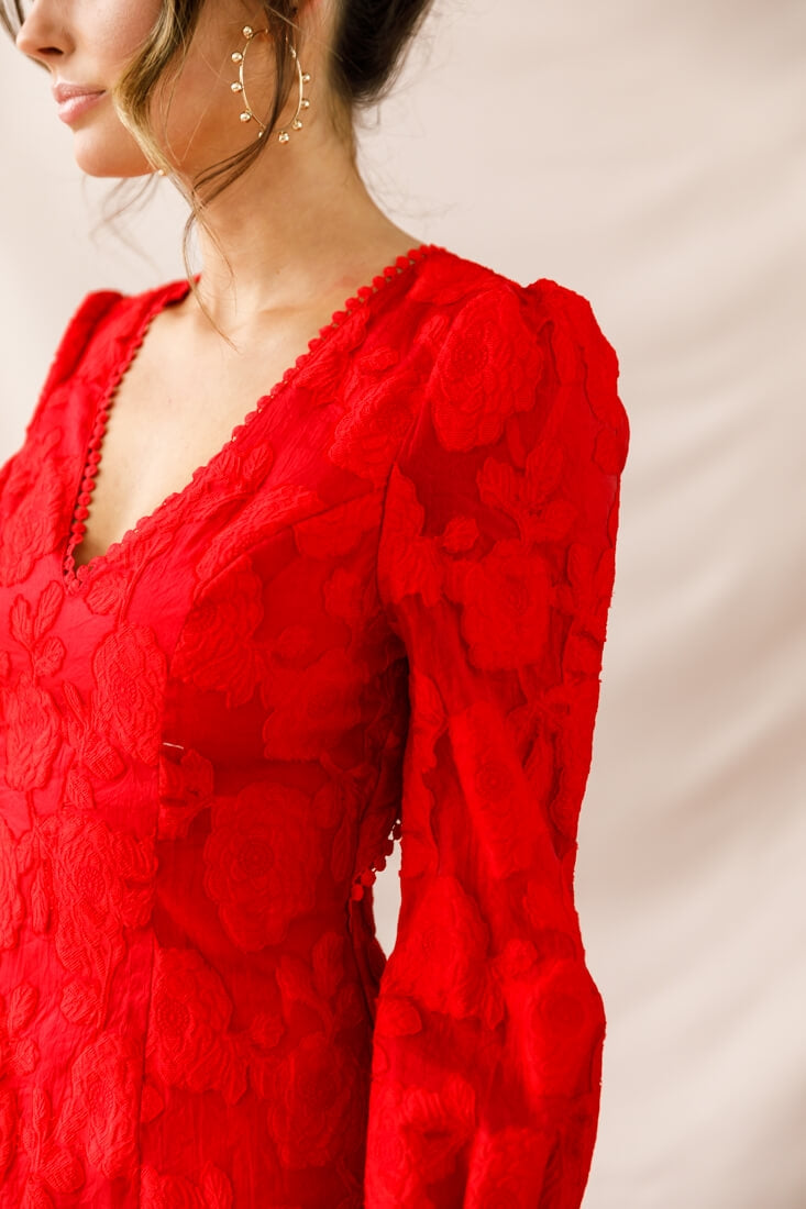 Camellia Open Back Cuff Sleeve Dress Red-Maymioy