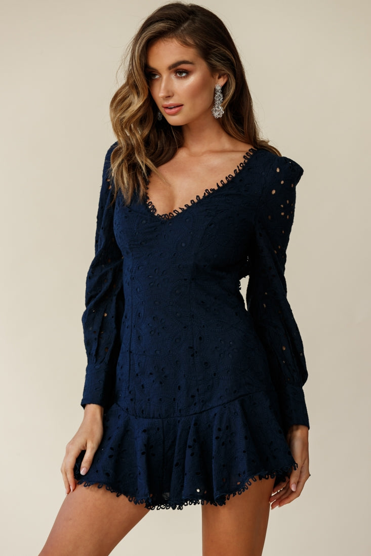 Camellia Open Back Cuff Sleeve Dress Anglaise Navy-Maymioy