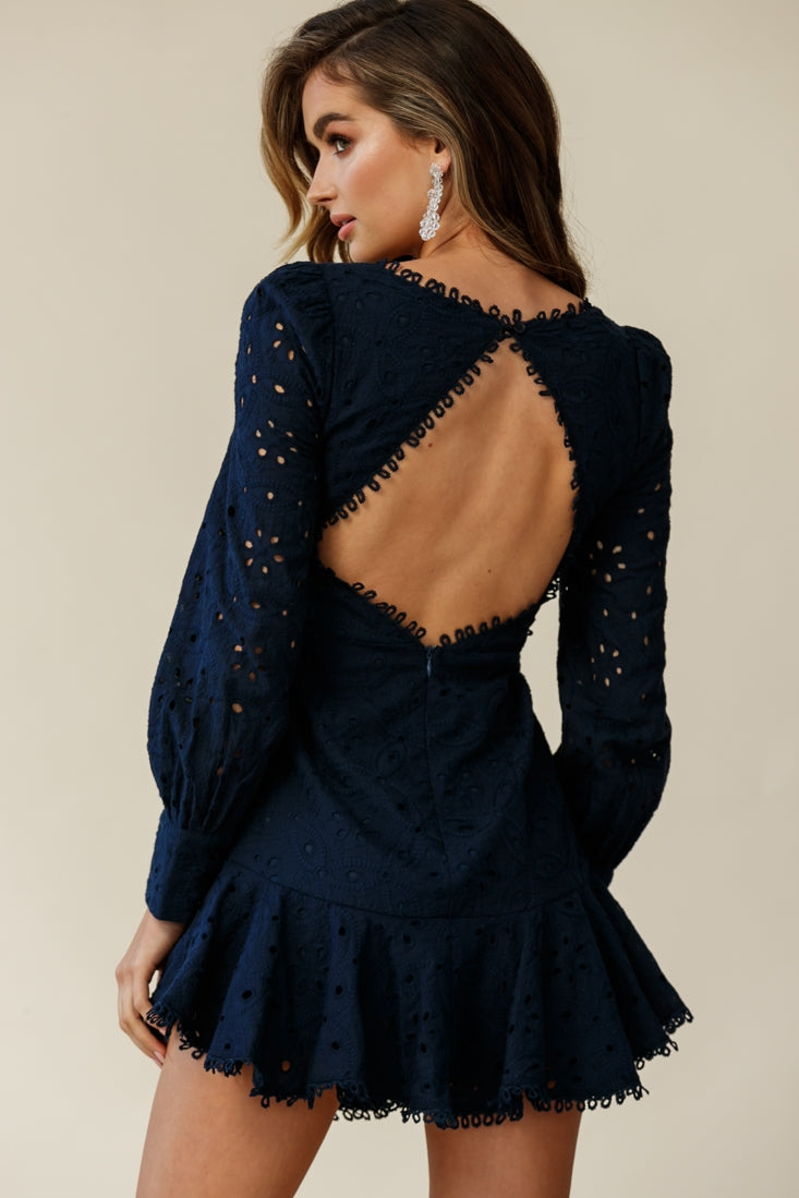 Camellia Open Back Cuff Sleeve Dress Anglaise Navy-Maymioy
