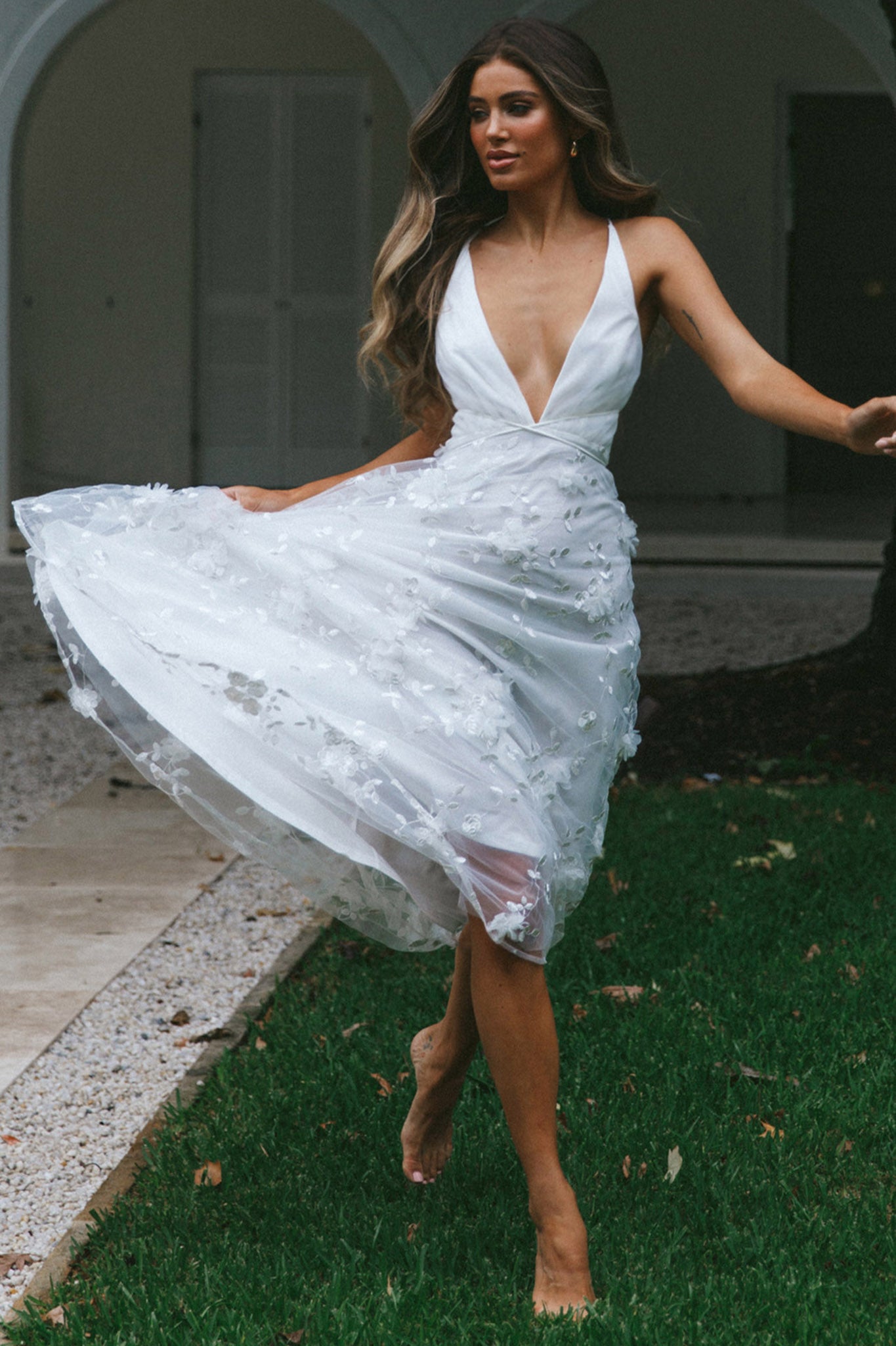 Sheri V-Neckline Embellished Midi Dress White-Maymioy