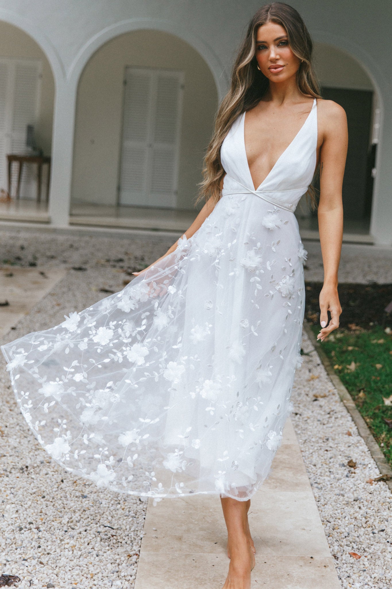 Sheri V-Neckline Embellished Midi Dress White-Maymioy