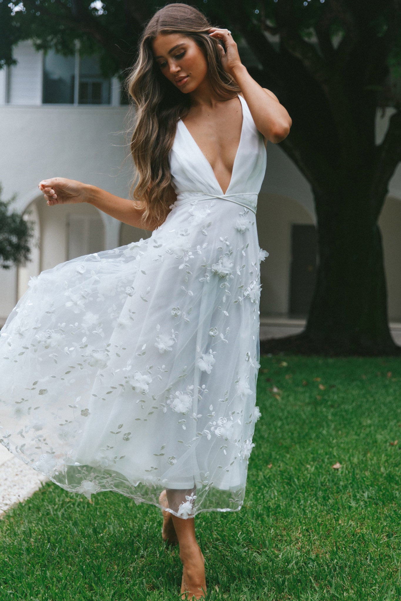 Sheri V-Neckline Embellished Midi Dress White-Maymioy